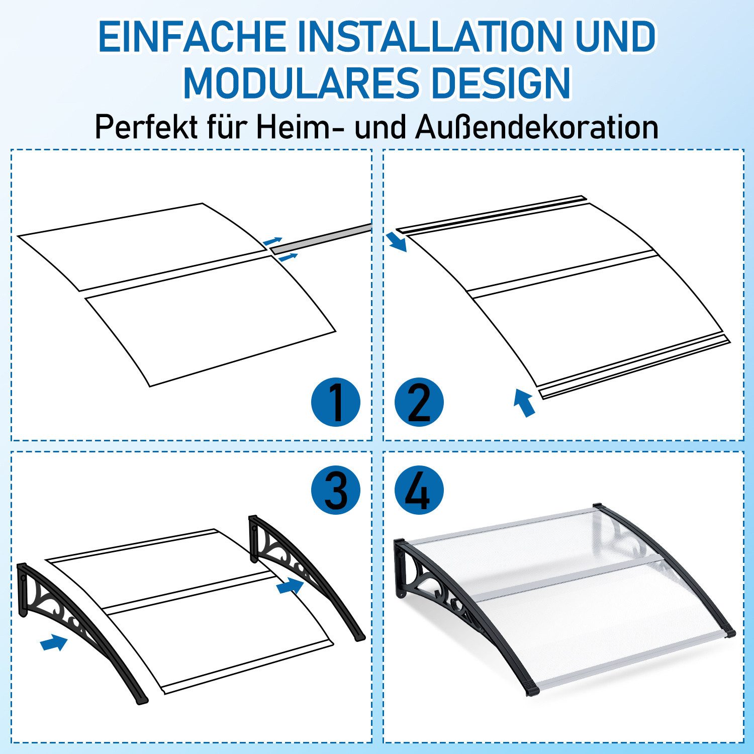 Clanmacy Vordach Haustürvordach 120 x 100 cm, Polycarbonat, transparent, wetterfest – Bild 4 von 5