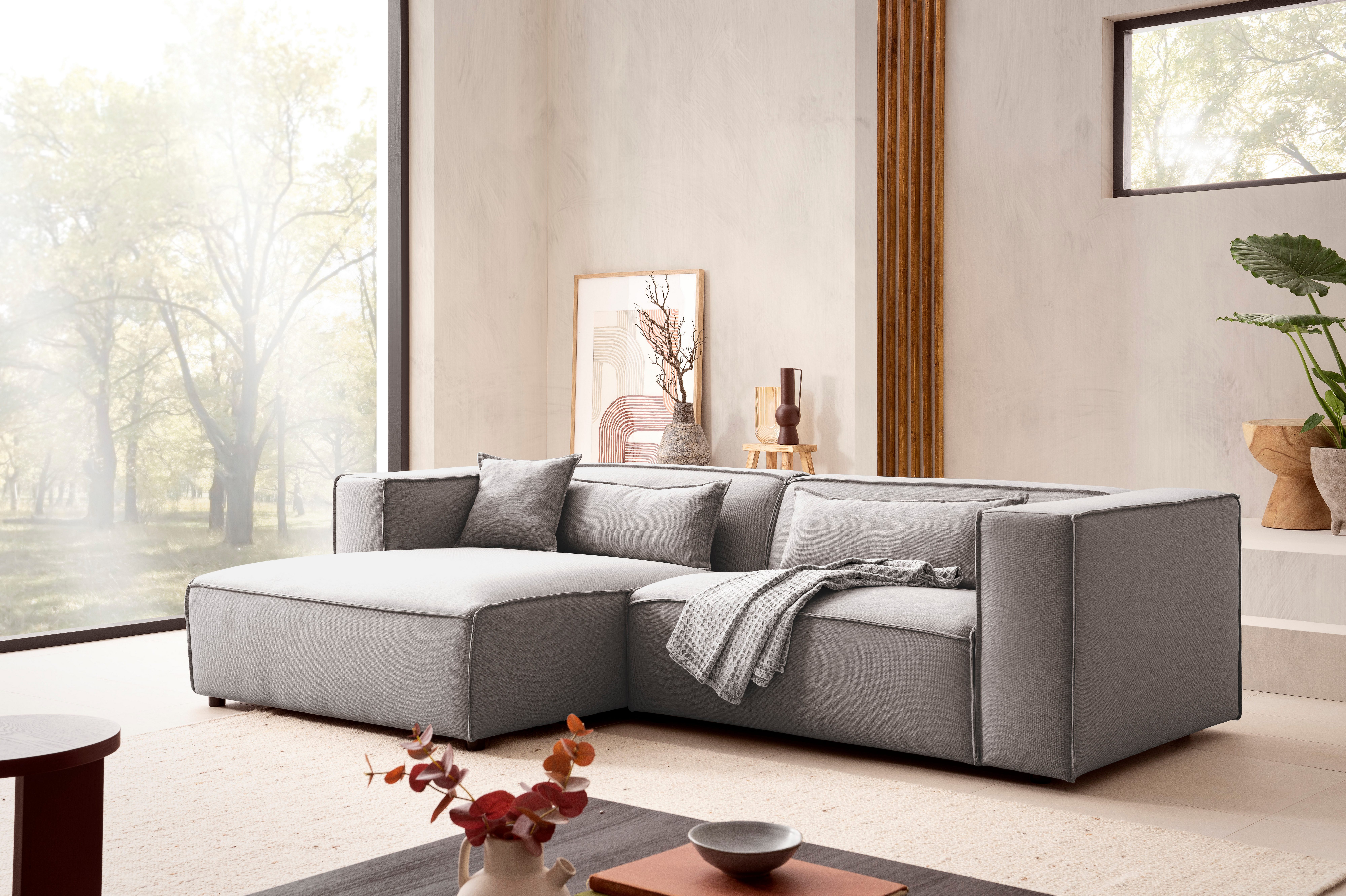 LeGer Home by Lena Gercke Ecksofa PIARA mit Kedernaht, Cord, Leinenoptik o. Strukturstoff, Couch, L-Form, wahlweise Ottomane rechts/links, schwarze Füße, bequemer Sitzkomfort