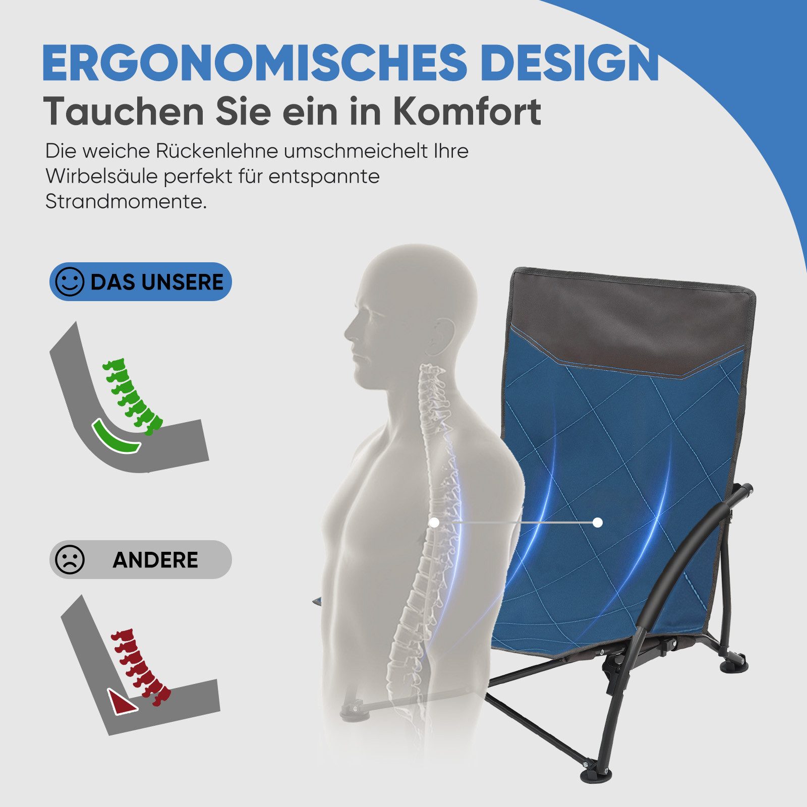 Sekey Klappstuhl Strandliegestuhl Klappbar leicht niedriger Strandstuhl Campingstuhl, mit Niedrigen Stuhlbeinen und bequeme Rückenlehne, bis 140 kg