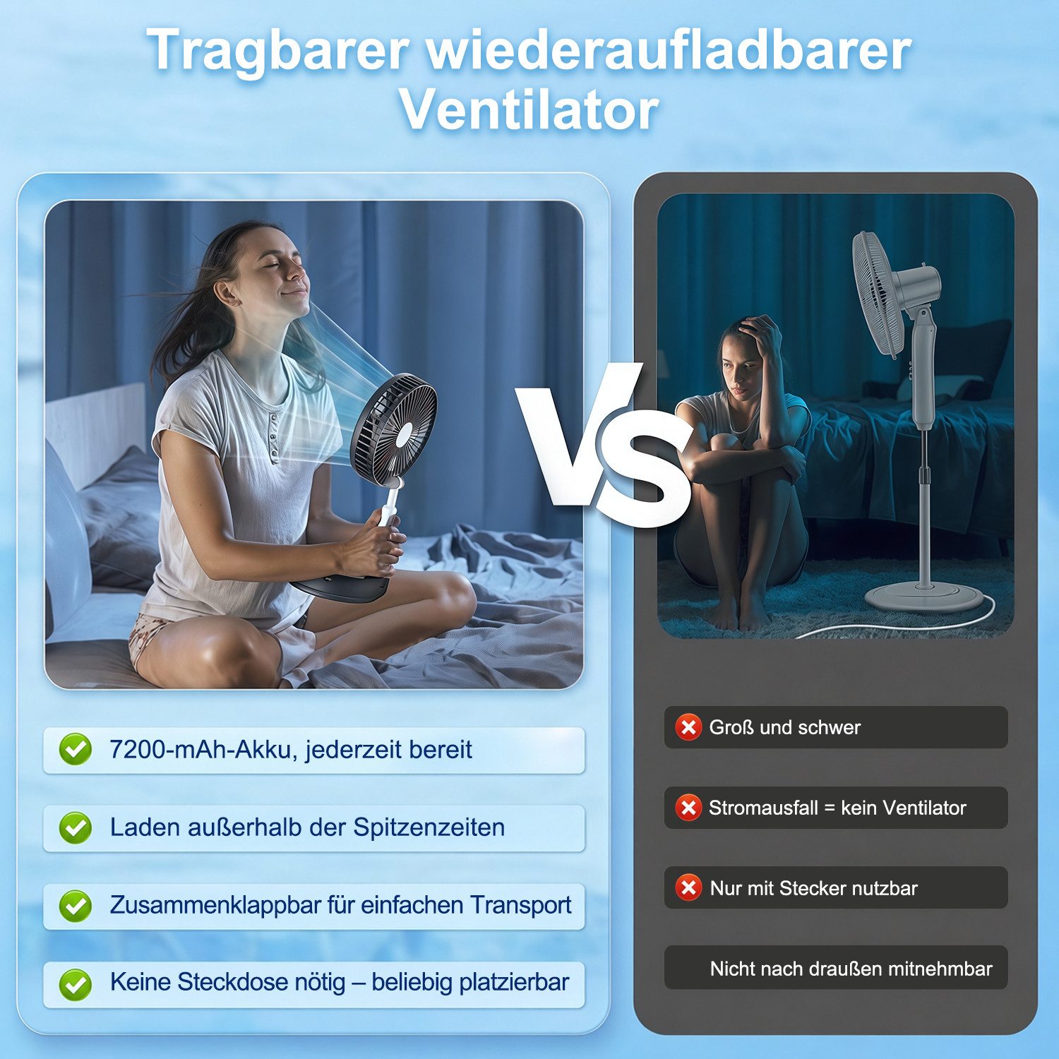 MOPUEA Standventilator Akku-Standventilator Faltbar Höhenverstellbar Fernbedienung Tragbar, Faltbar höhenverstellbar leise Akku Fernbedienung – Bild 5 von 5