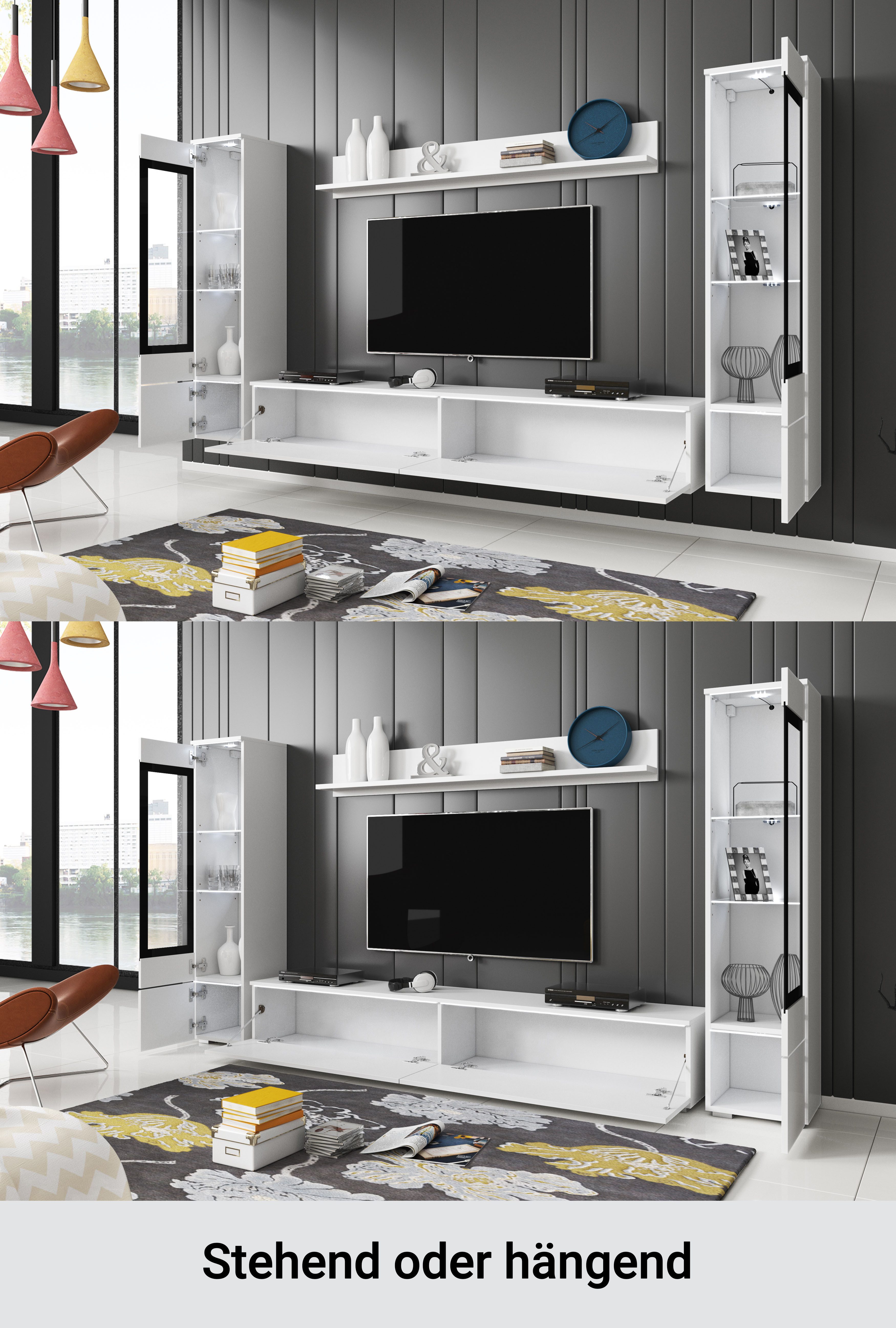 INOSIGN Wohnwand VERA II, Vitrinen Türanschlag wechselbar, (Komplett-Set, 4-St), Mediawand 260 cm, Vitrine mit Verglasung, stehend und hängend