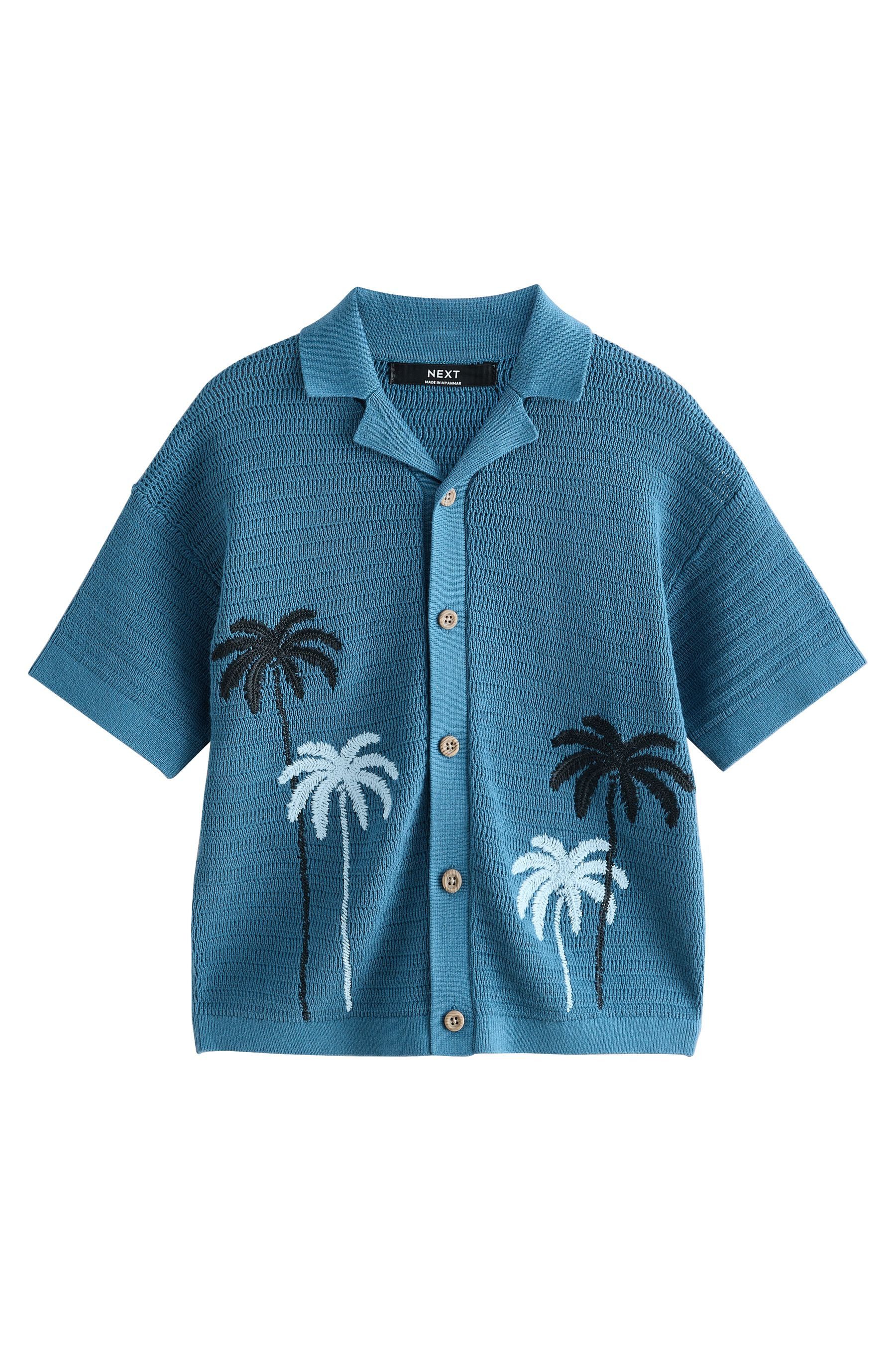 Polokragenpullover Strick-Polohemd mit Palmen-Stickerei
