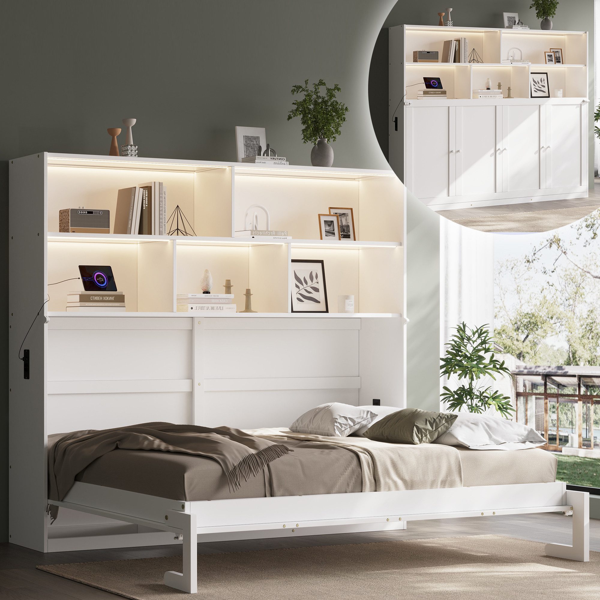 Flieks Schrankbett Umwandelbares Holzbett 90x200cm mit LED-Leiste, Aufladen und Stauraum