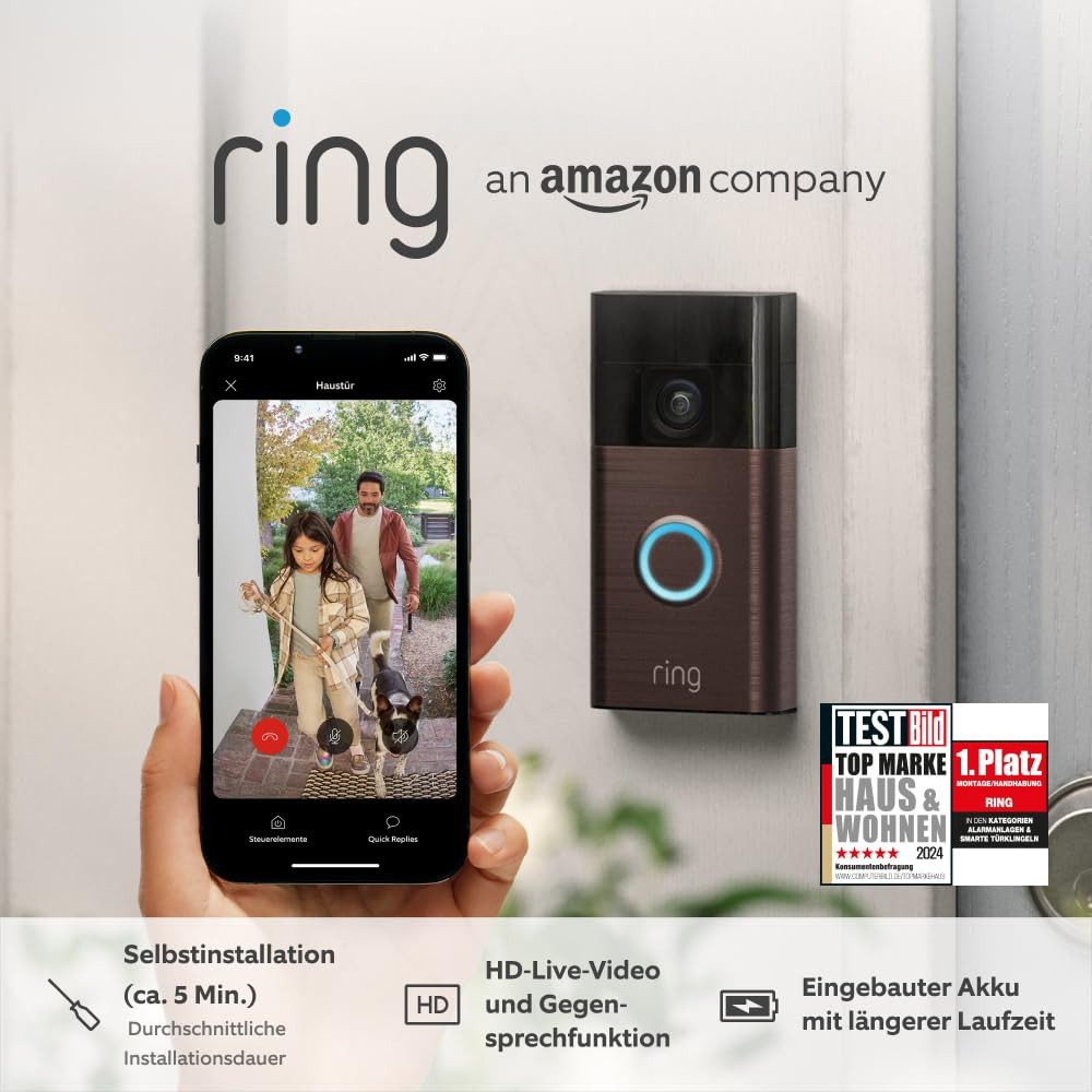 Ring Smart Home Türklingel Sicherheitskamera (Neueste Generation) Battery Video Doorbell (Außenbereich, Innenbereich, WLAN, Selbstinstallation in 5 Minuten, Privatsphäre-Einstellungen)