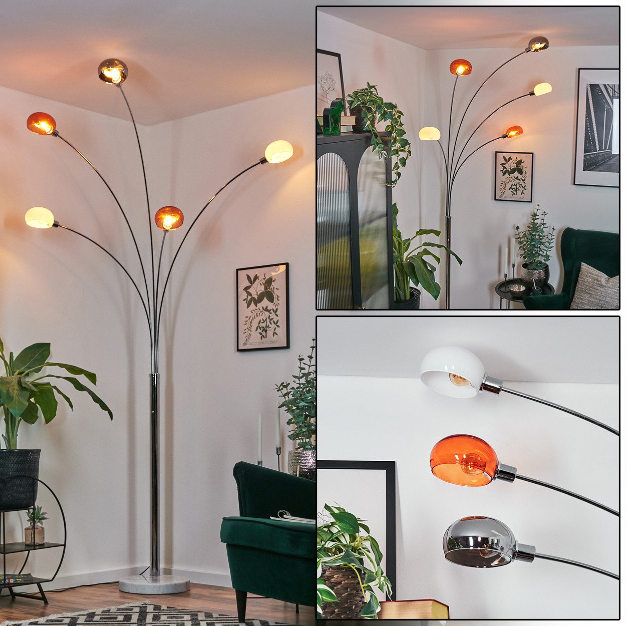 hofstein Stehlampe Stehlampe aus Metall in Schwarz/Chrom/Rauch/Orange/Weiß, Retro-Design, verstellbare Stehleuchte mit Marmorfuß und Schalter am Gehäuse, E14