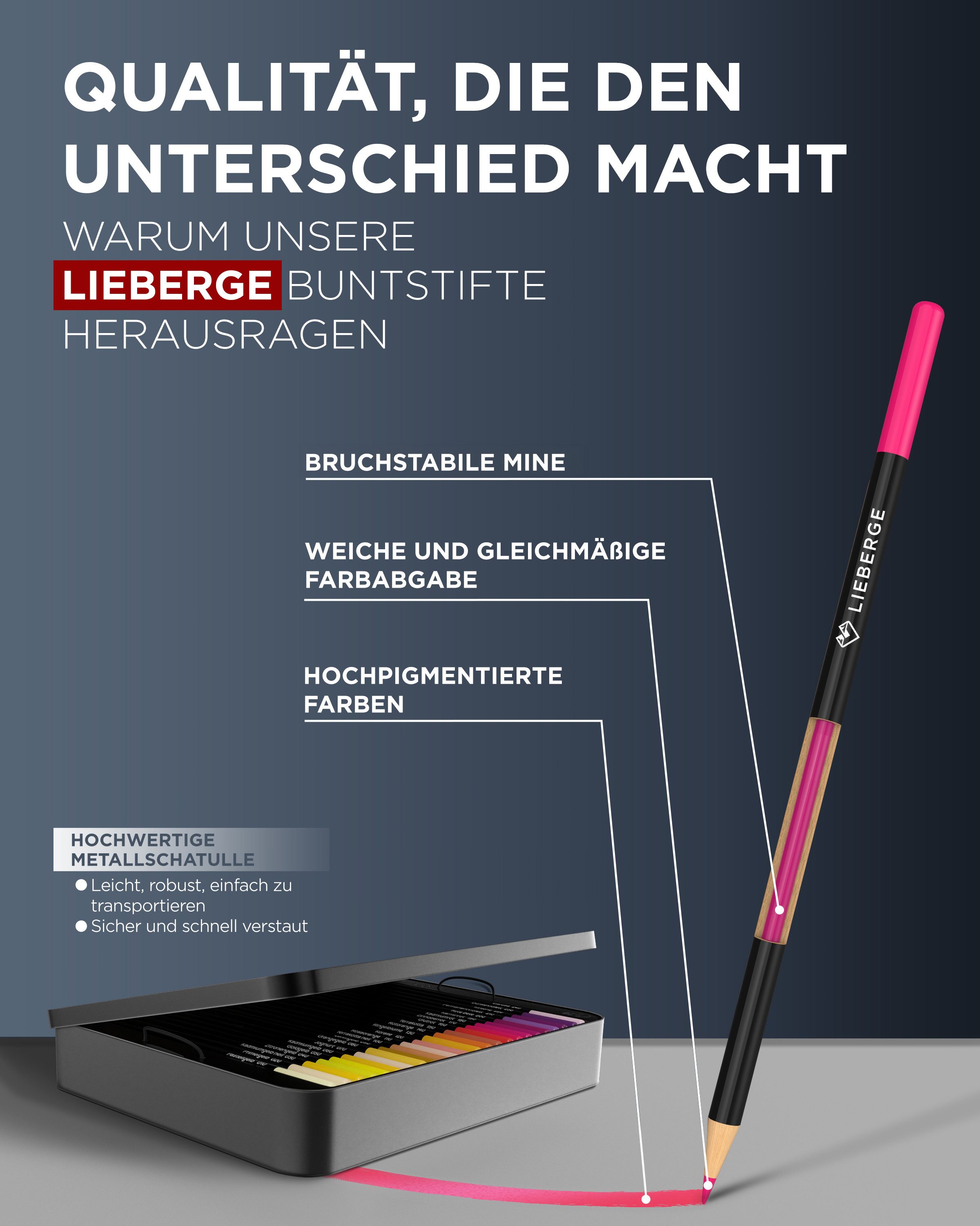 LIEBERGE Buntstift Premium Set 72 Farben in Metallschatulle, (Set, 72-tlg., 72 Buntstifte in Metallschatulle), 72 intensive abgestimmte Farben, weiche bruchsich – Bild 5 von 5