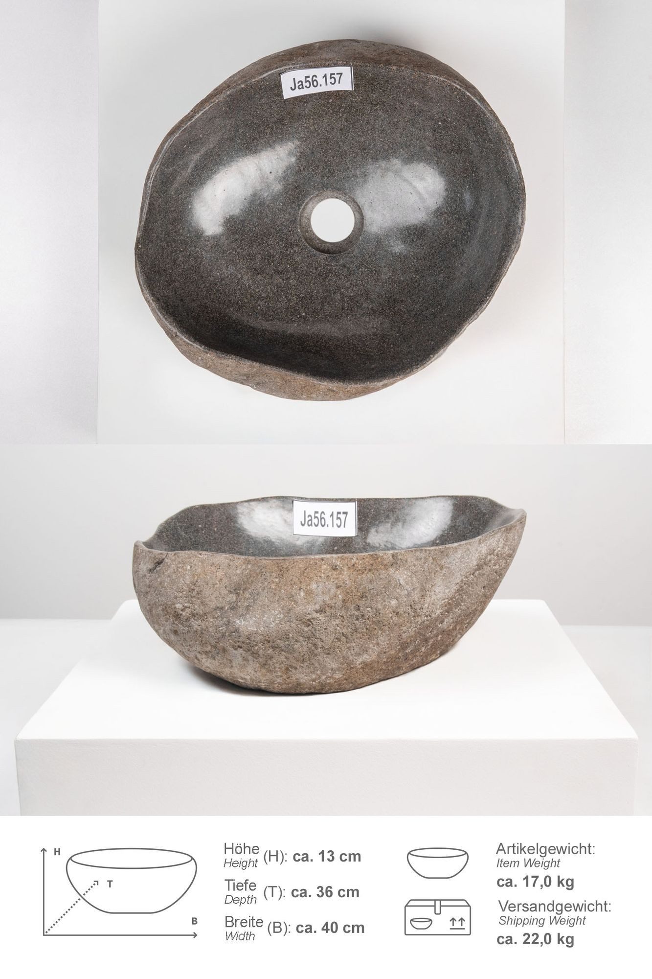 wohnfreuden Aufsatzwaschbecken Naturstein Waschbecken 40 cm mit Naturkante (Kein Set), 101841_Ja56.157