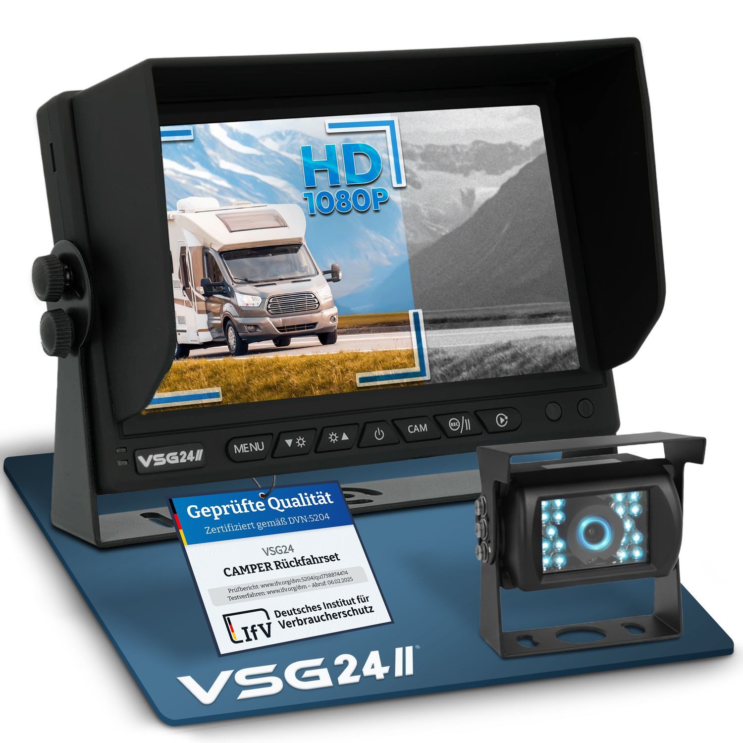 VSG24 7" Rückfahrsystem CAMPER HD für Wohnmobile inkl. Monitor, Kabel und 1x Rückfahrkamera (1080P-HD Nachtsicht 12V-24V Einfache Montage für Wohnwagen LKW)