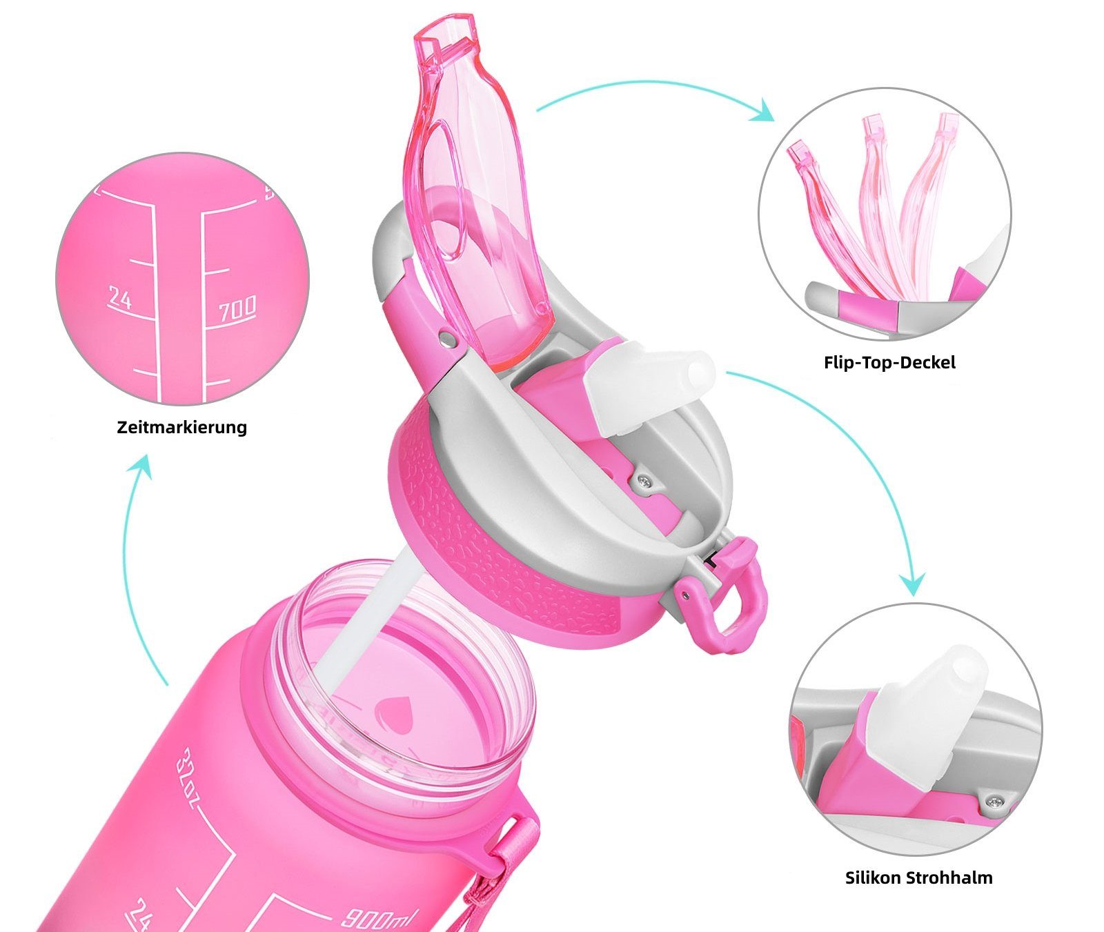 WISHDOR Trinkflasche Sportflasche Camping Pink/Hellgrün Zeitmarkierung Auslaufsicher Fitness Fahrrad Wasserflasche Sport 1 Liter und BPA-Frei Strohhalm Wandern 1L, Outdoor