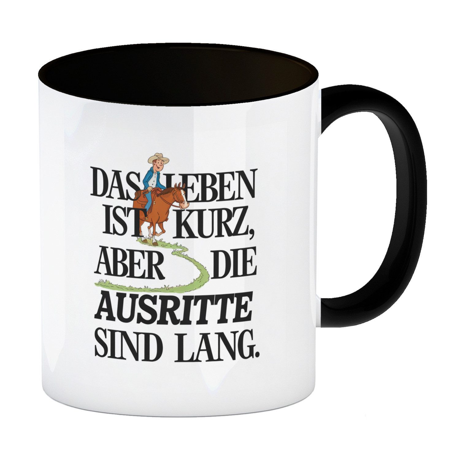 Tasse Reiter Spruch Kaffeebecher in schwarz Ausritte sind lang