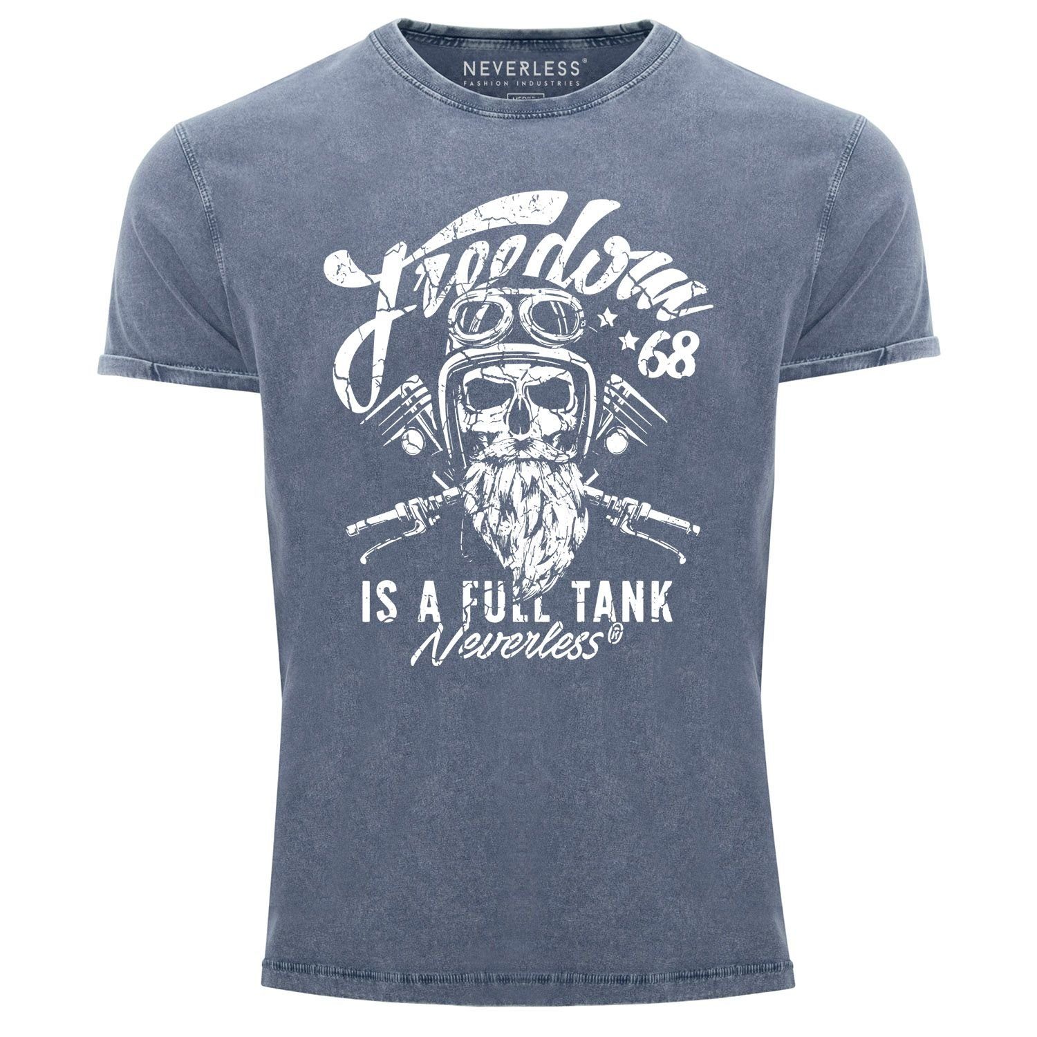 Totenkopf Neverless® Biker Shirt Spruch Print-Shirt Vintage Print Slim Aufdruck Used blau Angesagtes Herren Motiv Neverless T-Shirt mit Look Cooles Fit