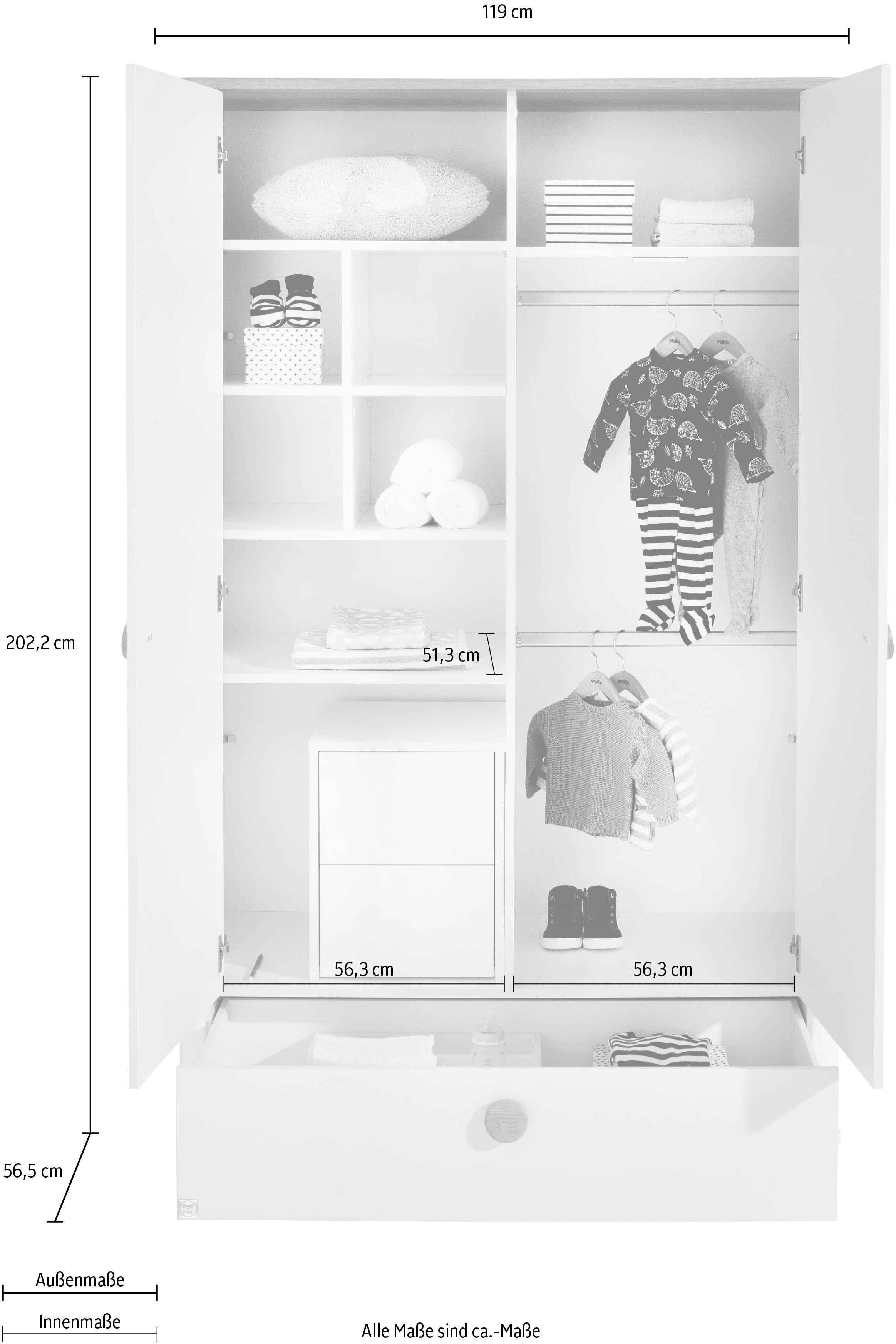 PAIDI Kleiderschrank LOTTE & FYNN Steiff by PAIDI, 2 Türen und 1 Schublade mit Soft-Close inkl. Kleiderstangen und Einlegeböden, Schrank in Weiß mit Massivholz
