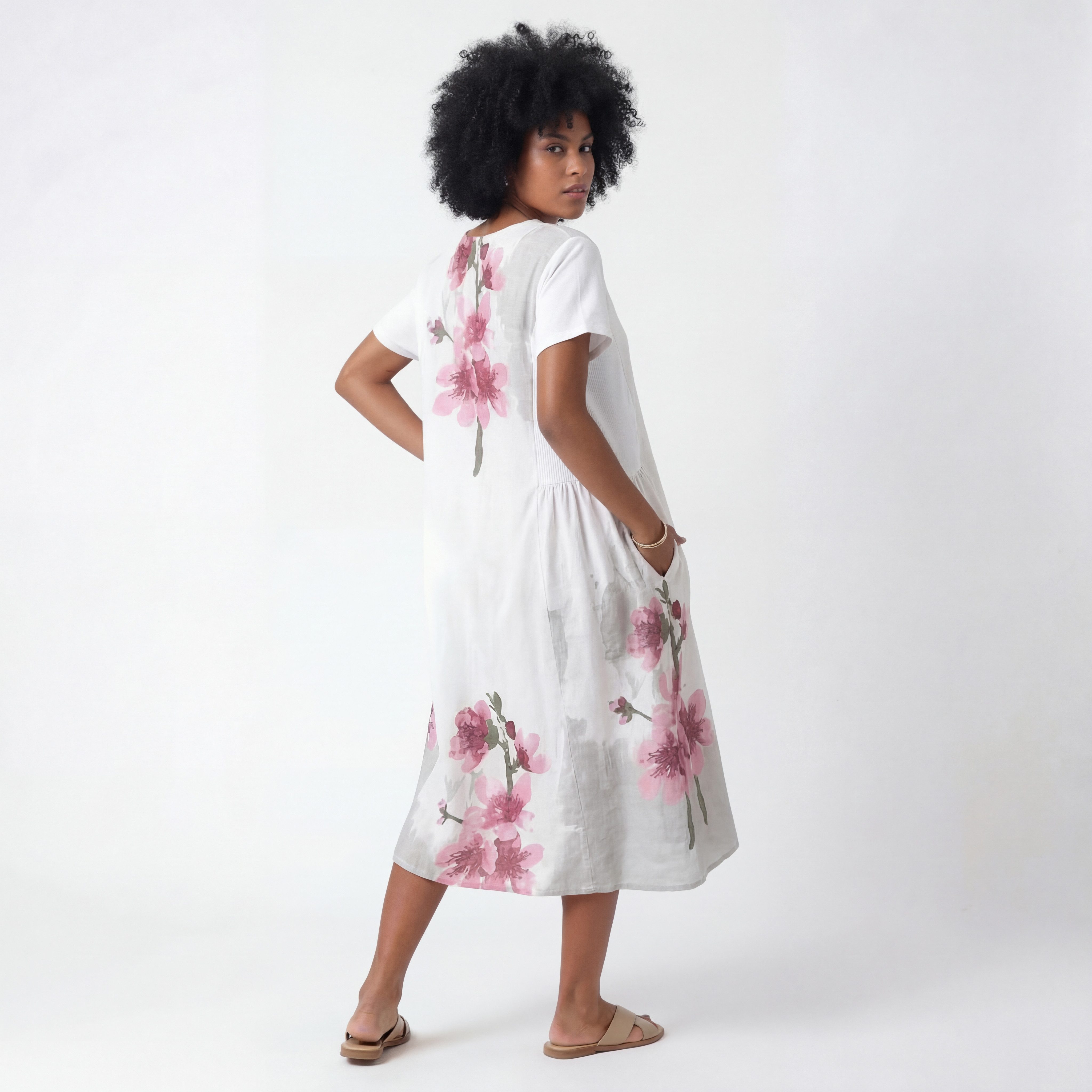 YC Fashion & Style Sommerkleid Leinen Midikleid mit Blumenprint & Taschen – günstig online kaufen