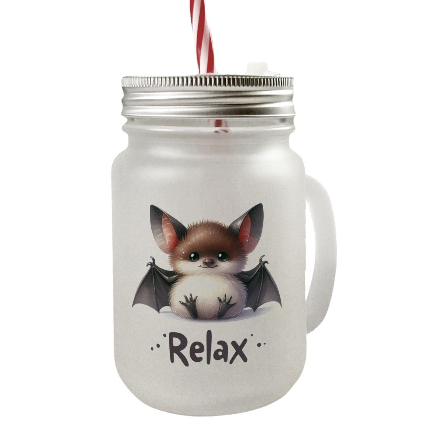 Glas Baby Fledermaus Mason Jar Henkel Trinkglas mit Deckel mit Spruch Relax