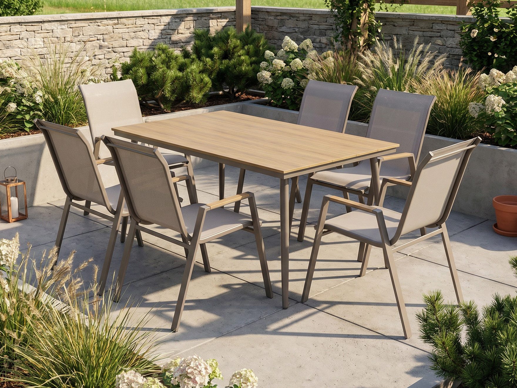 Beautysofa Garten-Essgruppe VALENCIA wetterfest, Taupe, (verzinktes pulverbeschichtetes Stahlgestell, 6 stapelbare Stühle + Esstisch 150 × 90 cm), Textilene-Sitzflächen, Polywood-Tischplatte