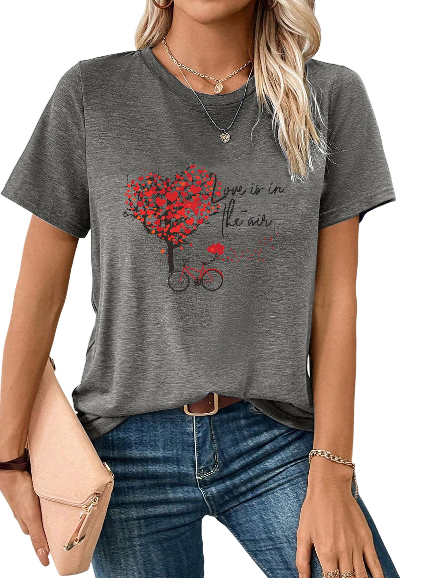 PYLIKE T-Shirt Damen Casual Kurzarmshirt mit Liebesbaum Druck bequemes t shirt Bequem für Freizeit und Büro,Strandurlaub