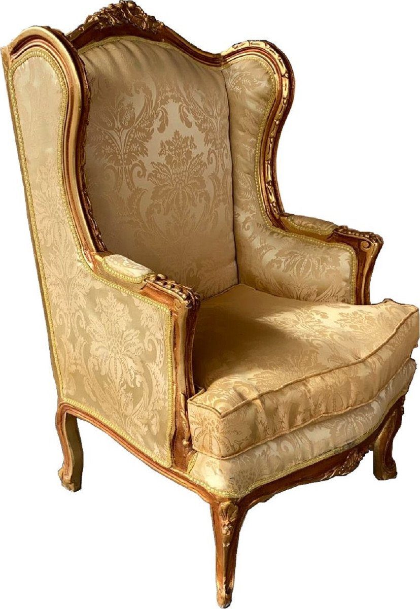 Casa Padrino Ohrensessel Barock Ohrensessel Cremefarben / Braun / Gold - Handgefertigter Antik Stil Wohnzimmer Sessel mit elegantem Muster - Barock Wohnzimmer Möbel | Ohrensessel