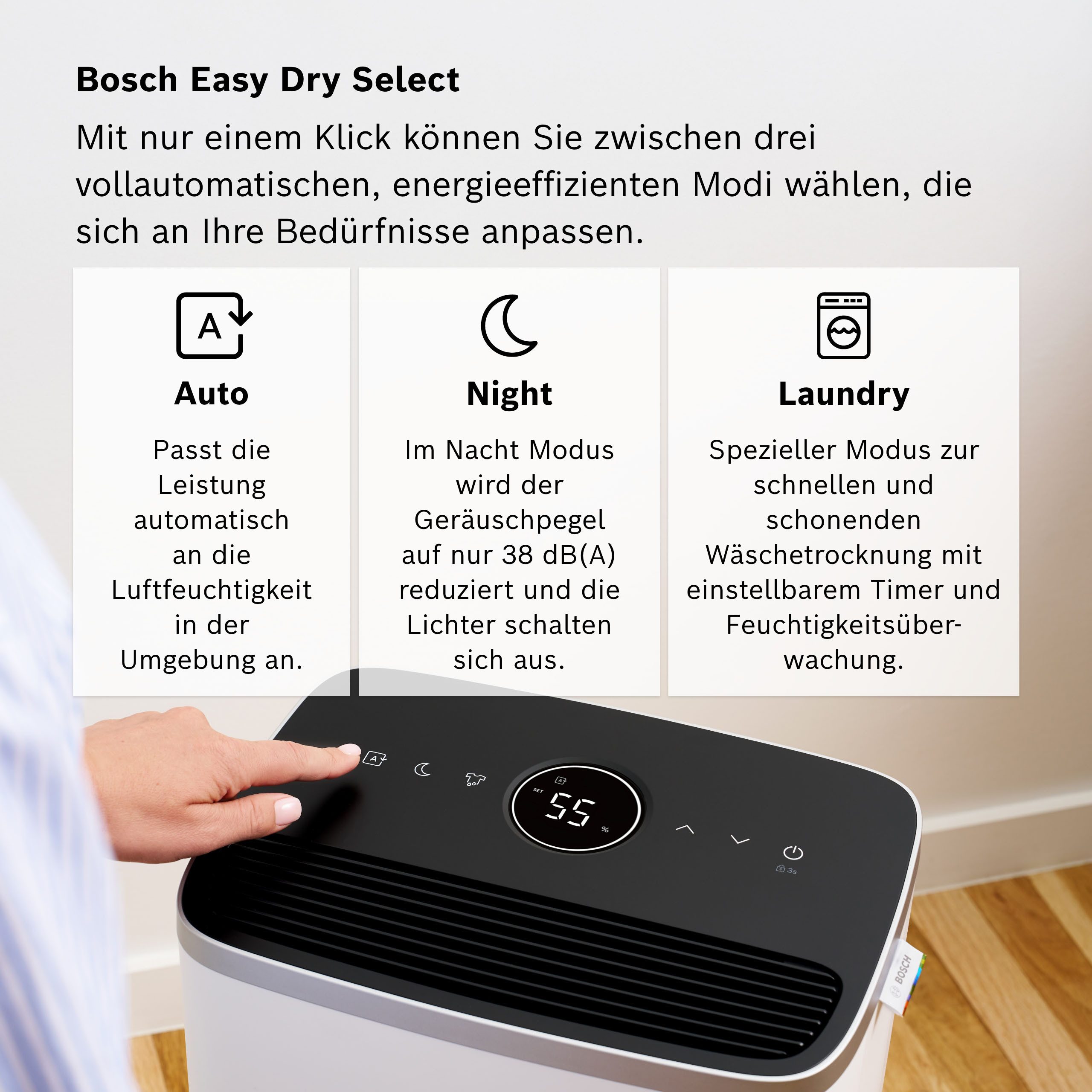 BOSCH Luftentfeuchter Dry 4000 - Ideal für die Wohnung & schnelle Trocknung der Wäsche, Entfeuchtung 16 l/Tag, Tank 2,5 l, Ultra-leiser Betrieb, nur 38 dB(A) – Bild 4 von 5