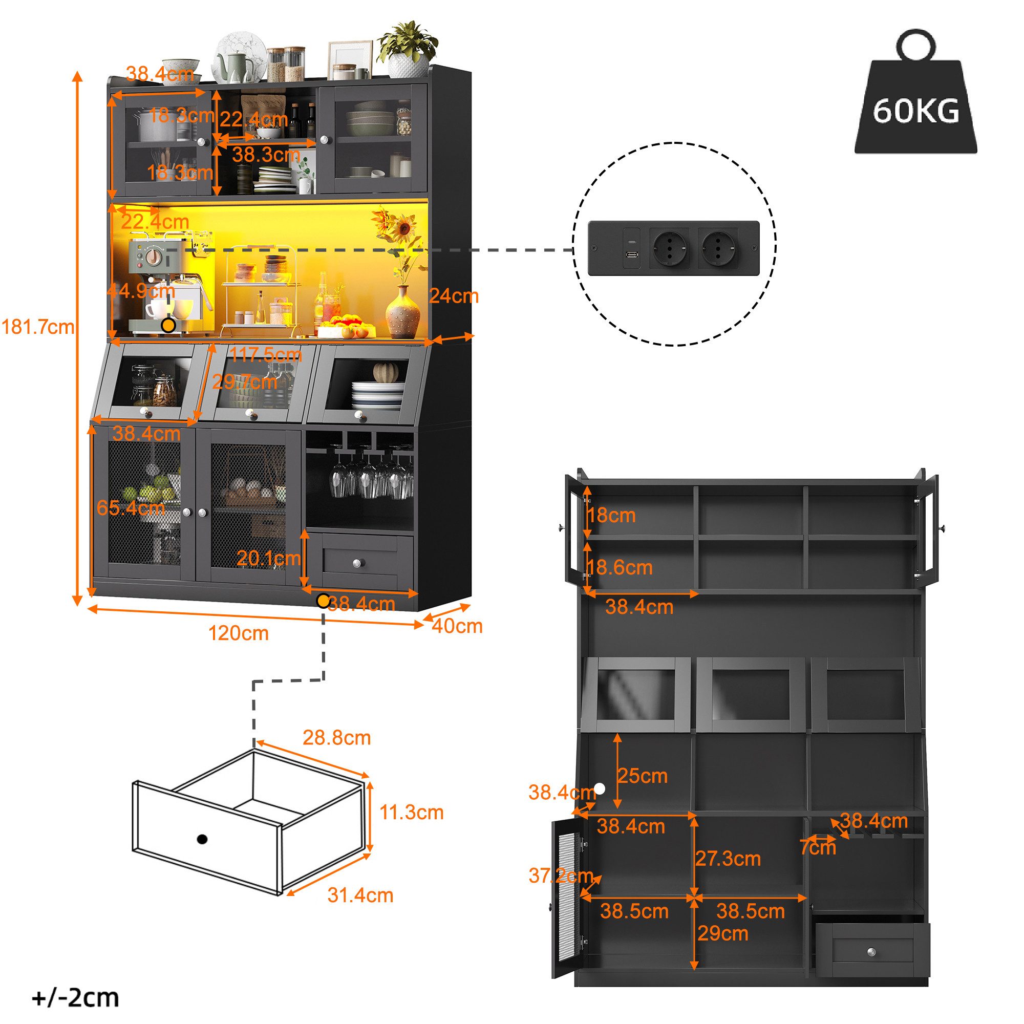 Celya Hochschrank Küchenschränke mit USB-Anschluss und LED-Beleuchtung (mit multifunktionaler Stauraum, mit großzügiger Arbeitsfläche, mit Glastüren)