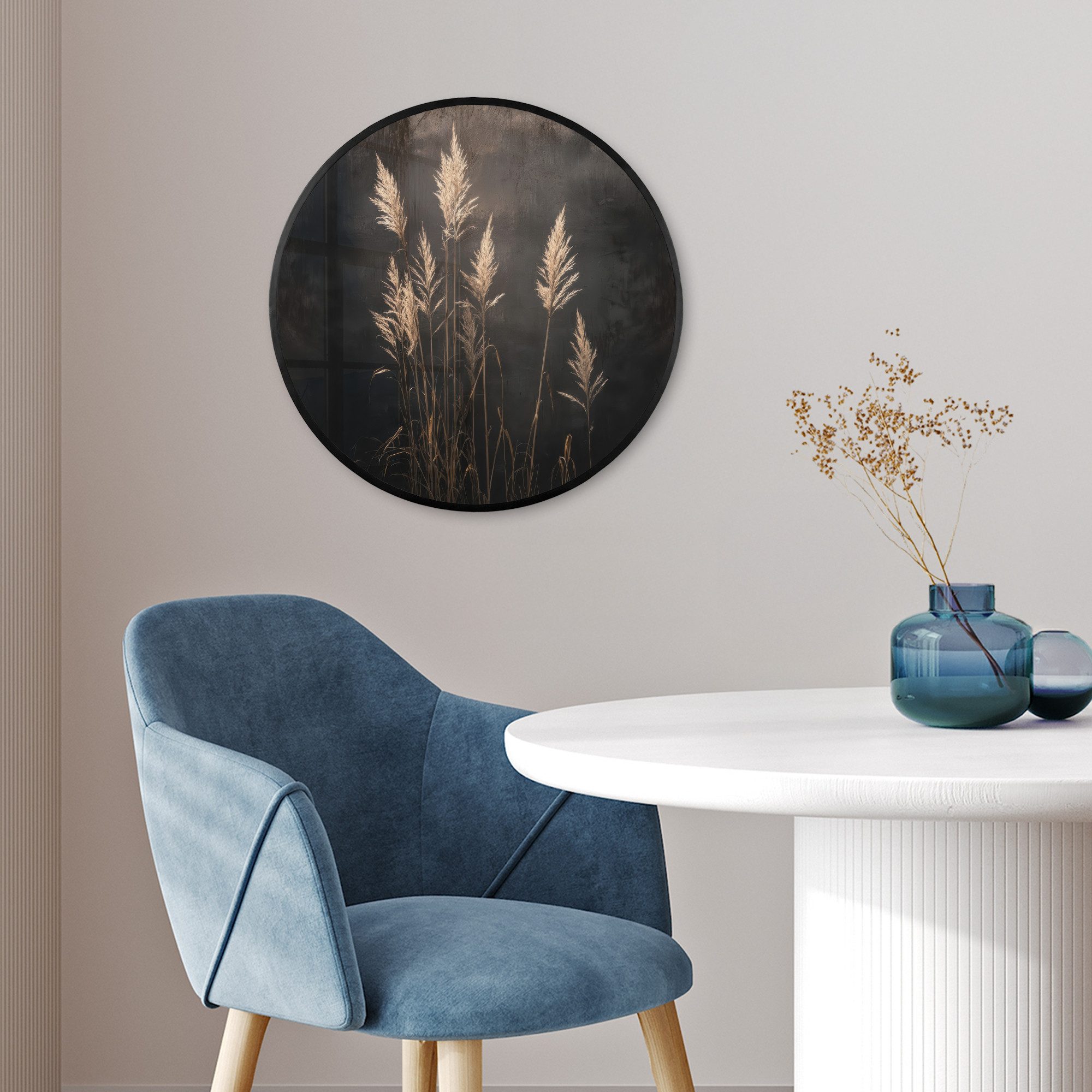 MuchoWow Poster Rund - Ziergras - Federn - Beleuchtung - Schwarz, (1 St), Runde Wandbilder, Deko für Wohnzimmer und Schlafzimmer, 40x40 cm – Bild 3 von 5