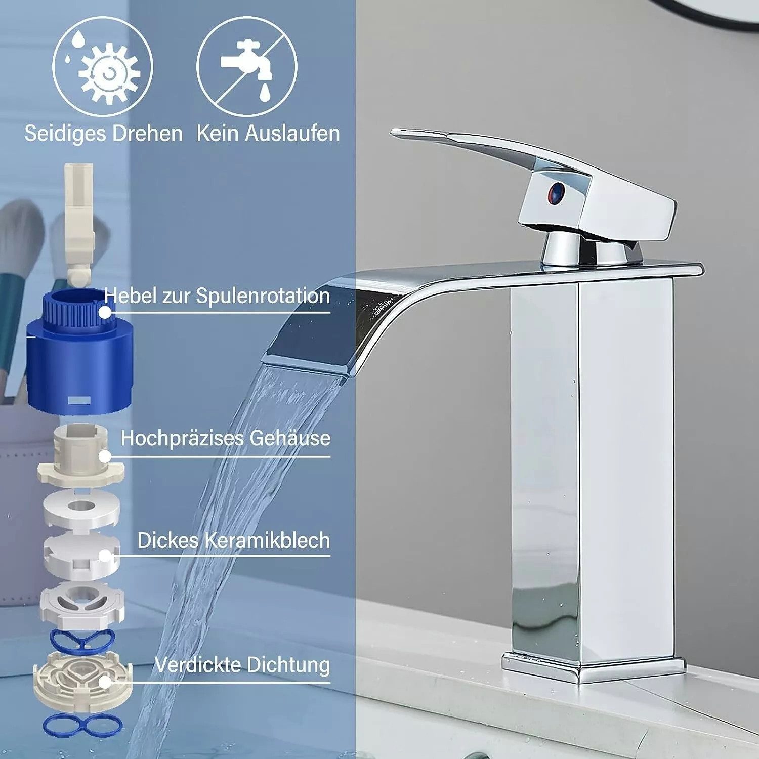 Faizee Home Badarmatur Wasserfall Chrome Armatur, moderne Bad- & Küchenarmatur, auslaufsicher