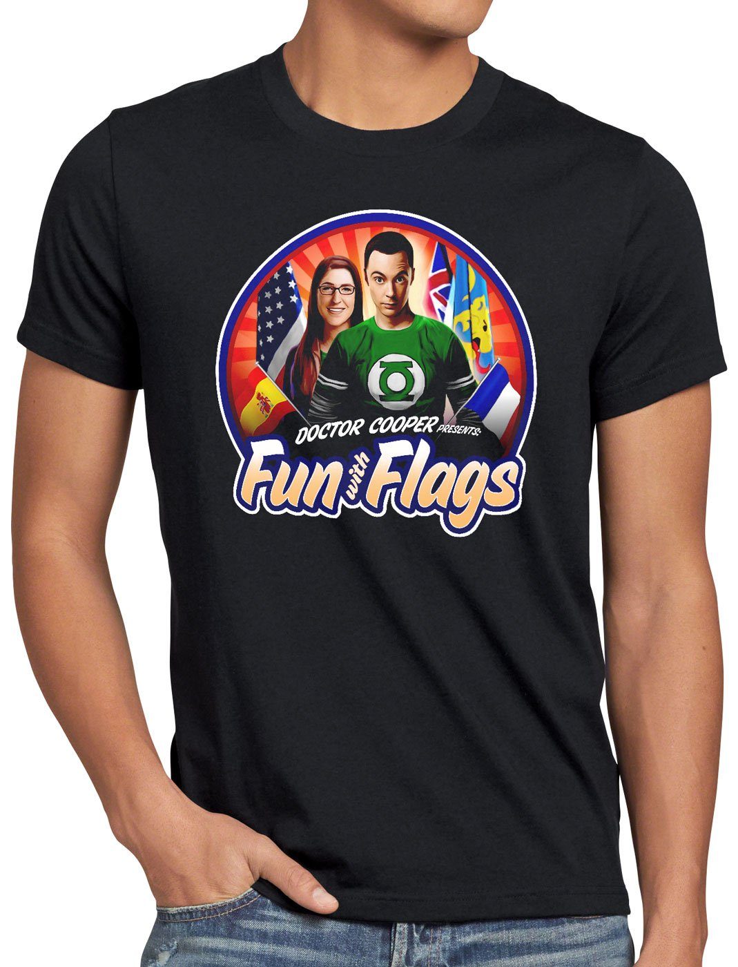 style3 Print-Shirt Herren T-Shirt Fun wih Flags sheldon flagge fahne banner amy schwarz
