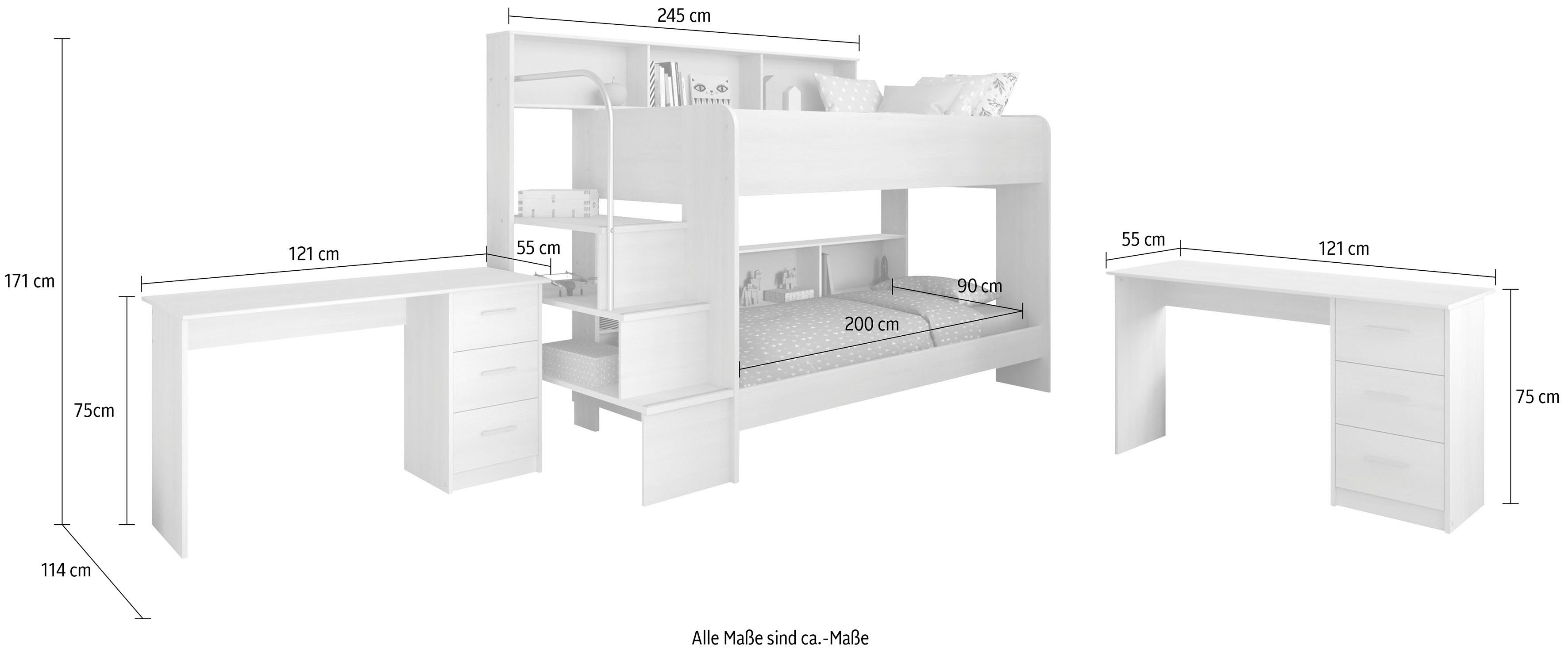 Parisot Jugendzimmer-Set Bibop, zwei Etagenbett, (3-St., Schreibtischen 2 Schreibtische), mit