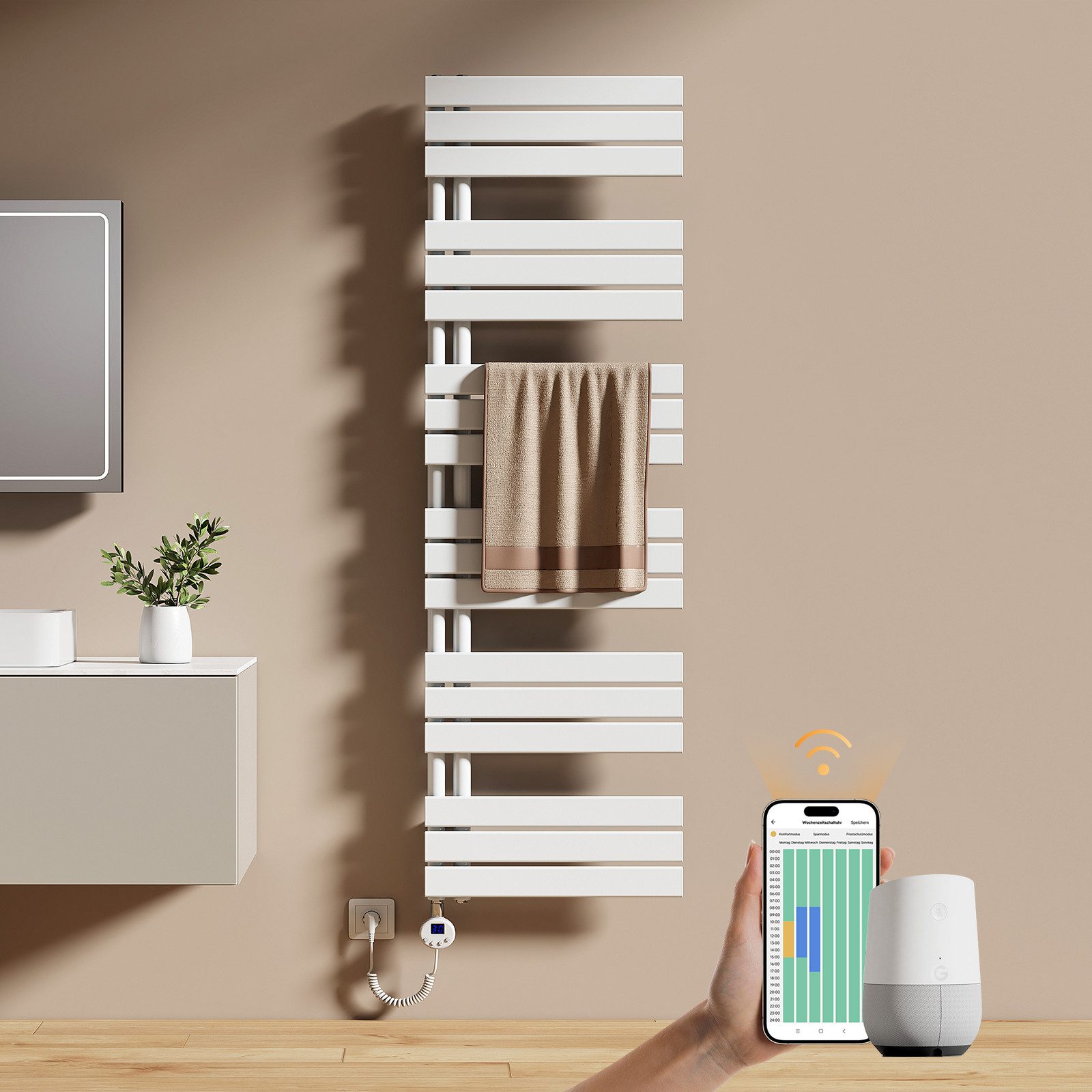EMKE Elektrischer Badheizkörper WIFI App Steuerung Intelligenter Thermostat Aktualisierte Version, Weiß 4 Heizmodi, IPX4, Kindersicherung 400W~1000W