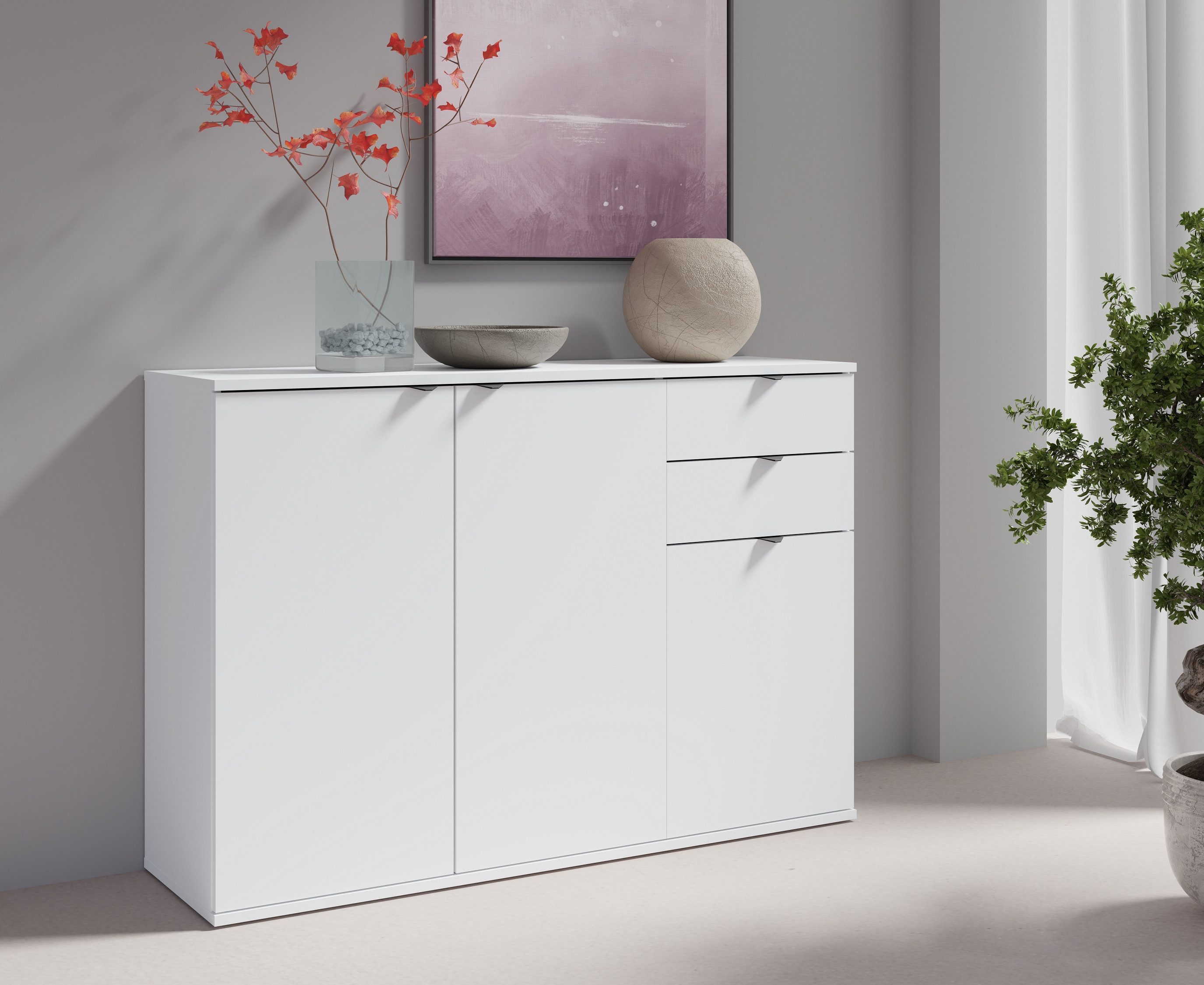 Raumhirsch Furniture Kommode Sideboard, Wohnschrank, Anrichte, praktisch Schrank (Maße: 120 x 35 x 82,5 cm (3-türig, 2 Schubladen), kompakt, pflegeleicht, stabile Konstruktion