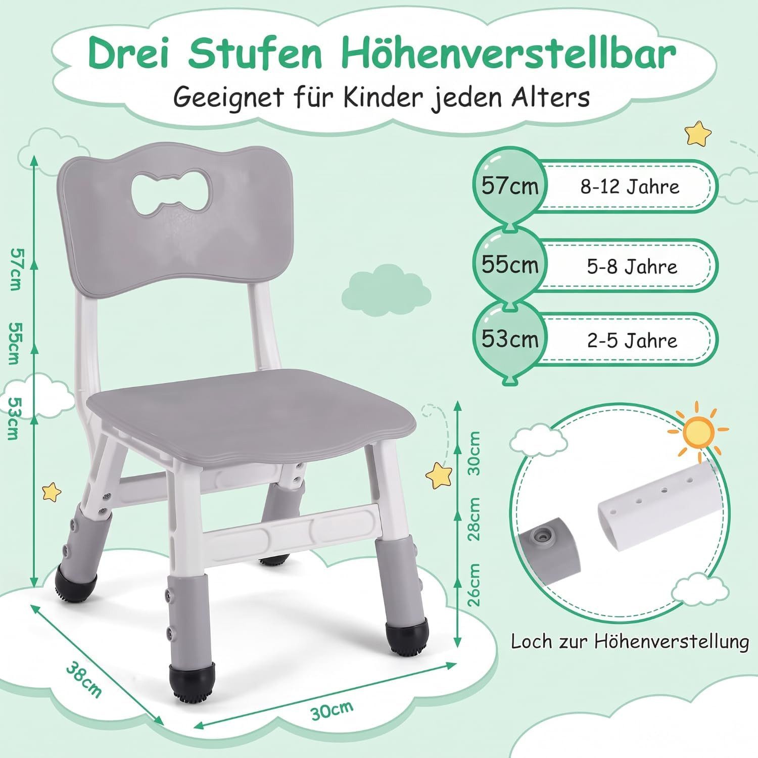 TLGREEN Kindersitzgruppe Kinder Schreibtischstuhl Höhenverstellbar, (Kinderstühle mit Rückenlehne, 2-tlg., für Kinderzimmer Schule Kindertagespflege), Kinder St – Bild 2 von 5