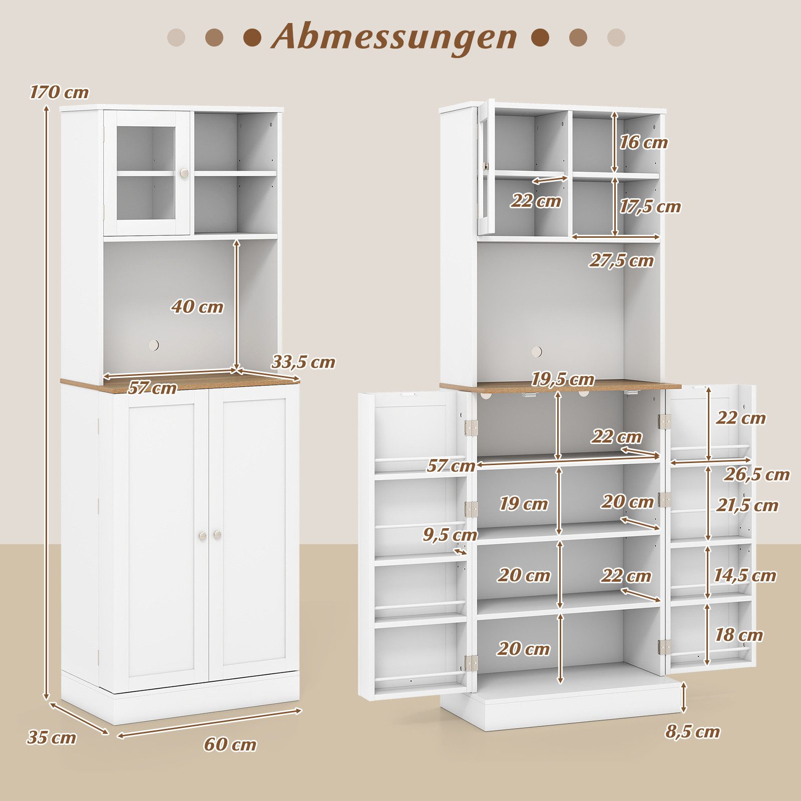 KOMFOTTEU Hochschrank Buffetschrank mit 2 Glastür, verstellbaren Einlegeböden
