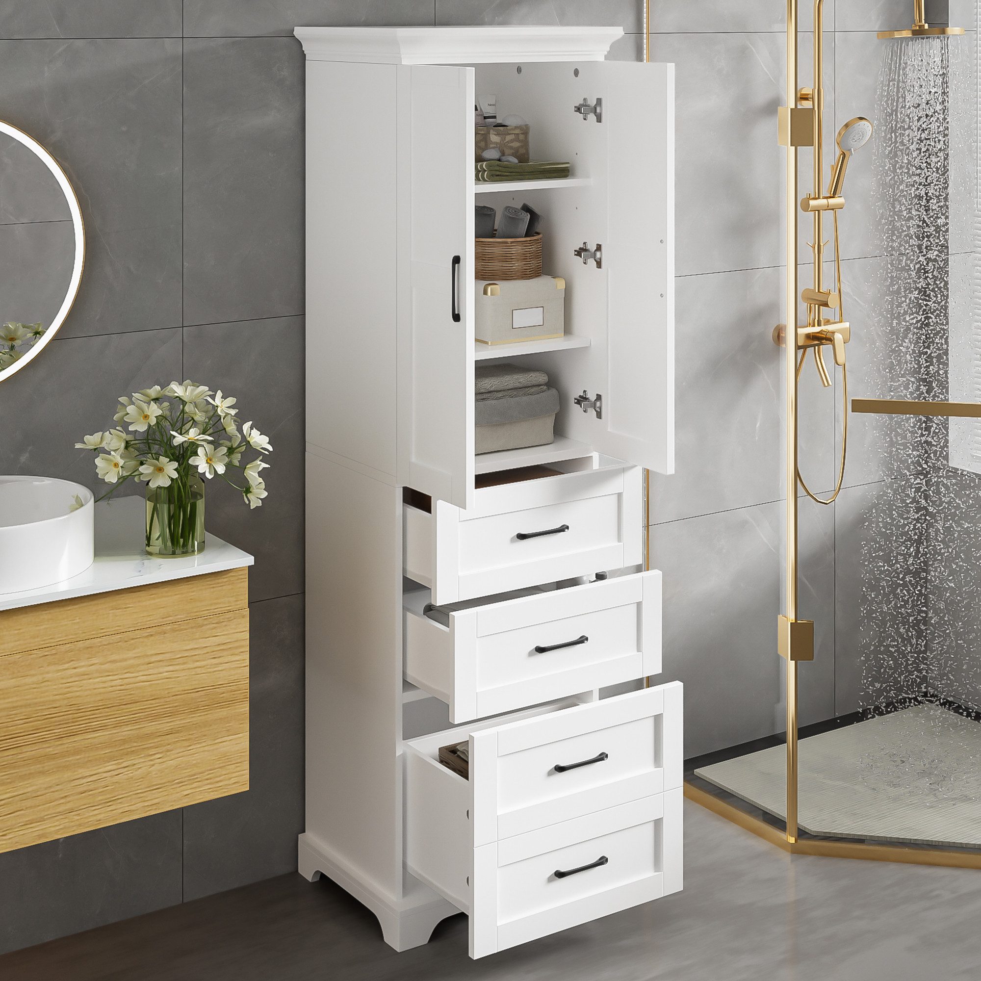 HAUSS SPOLE Hochschrank mit Schubladen,Badezimmerschrank Highboard mit Ablagefächer&Scharniere (Mehrzweckschrank aus hochwertigem MDF-Holzwerkstoff, 1-St., mit einen höhenverstellbaren Einlegeboden) Leichter Aufbau & einfache Pflege