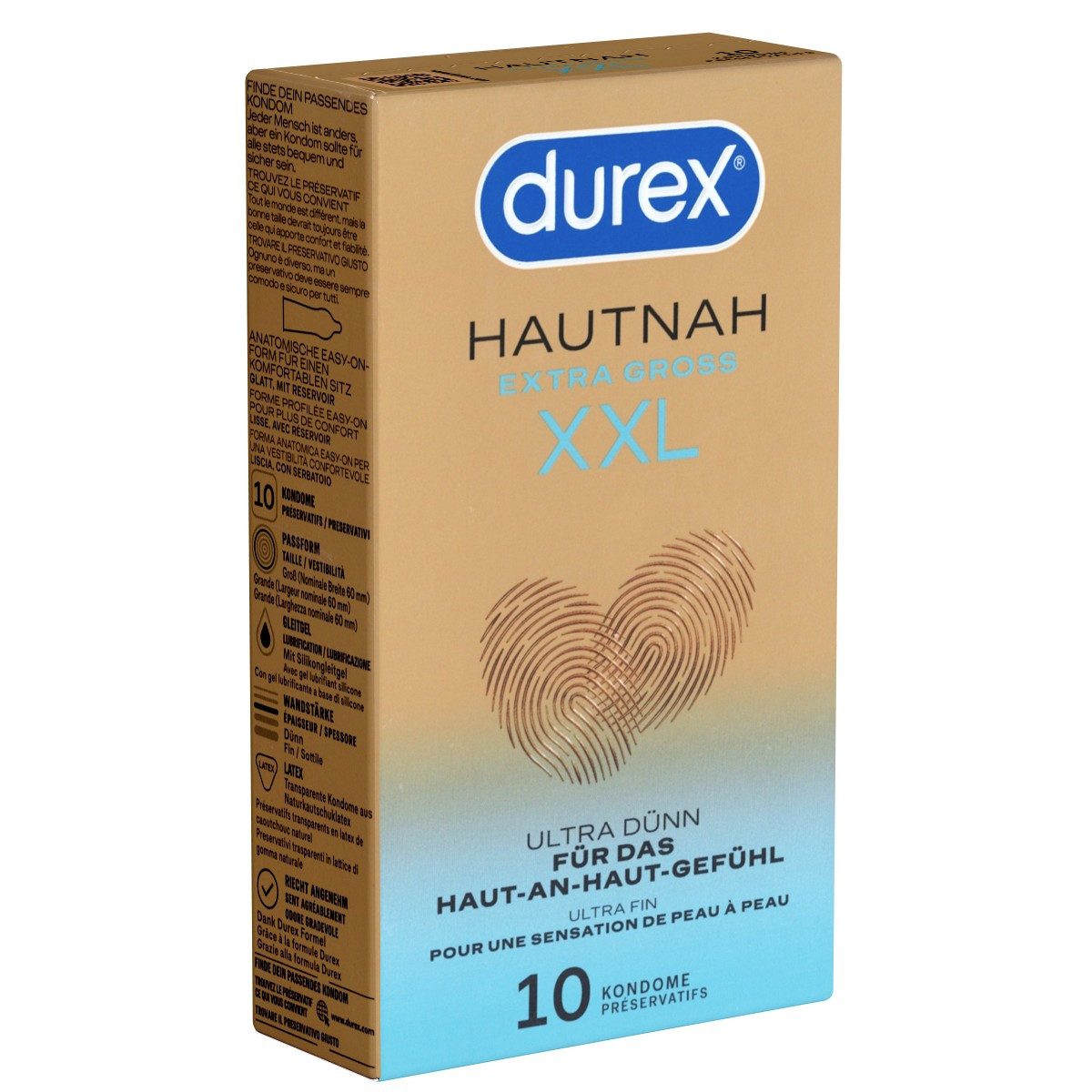 durex XXL-Kondome Hautnah XXL Packung mit, 10 St., ultra dünne Markenkondome mit Easy-On™-Passform