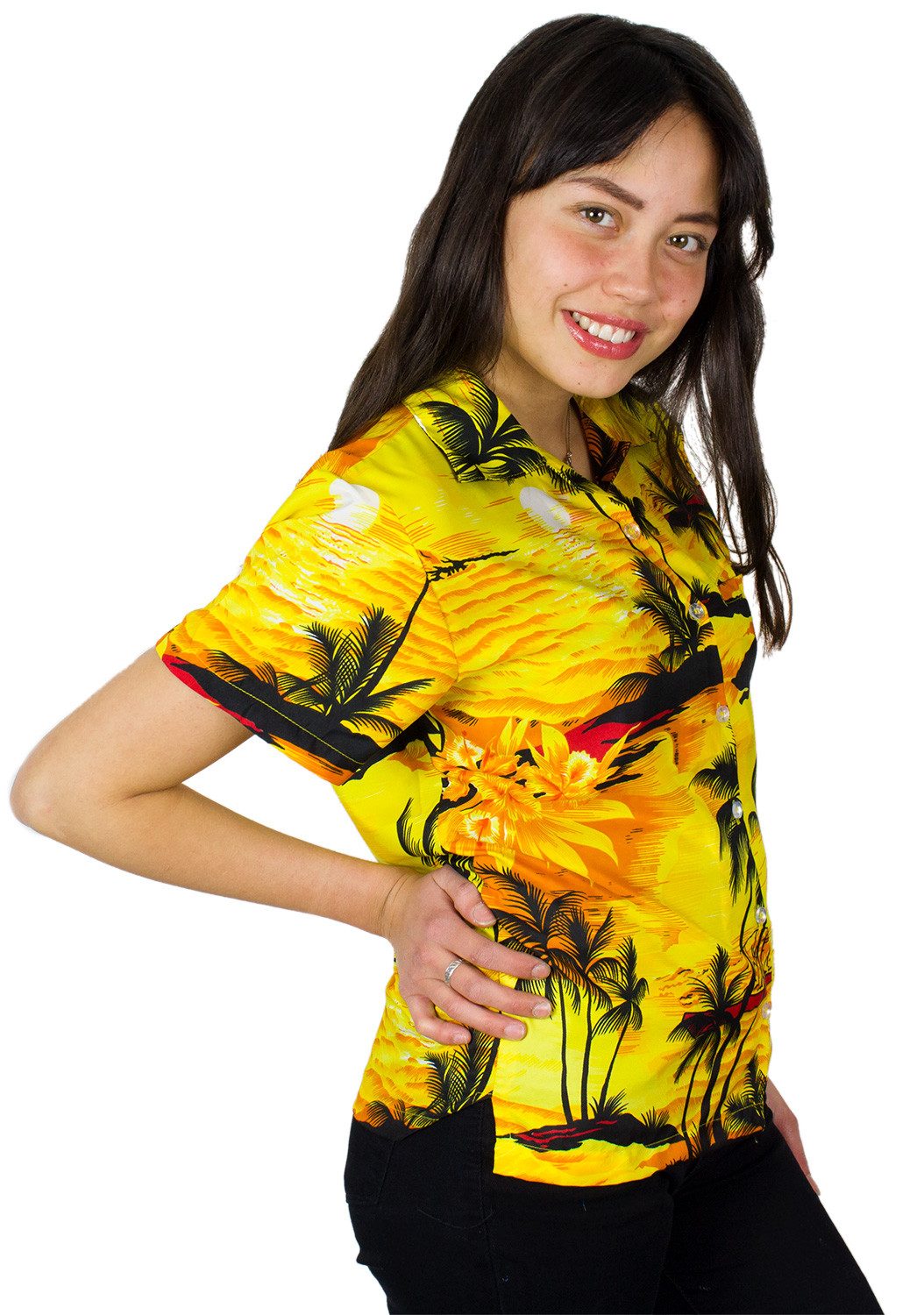 King Kameha Hawaiihemd Surf Funky Hawaiibluse Damen Kurzarm Front-Tasche Stylish