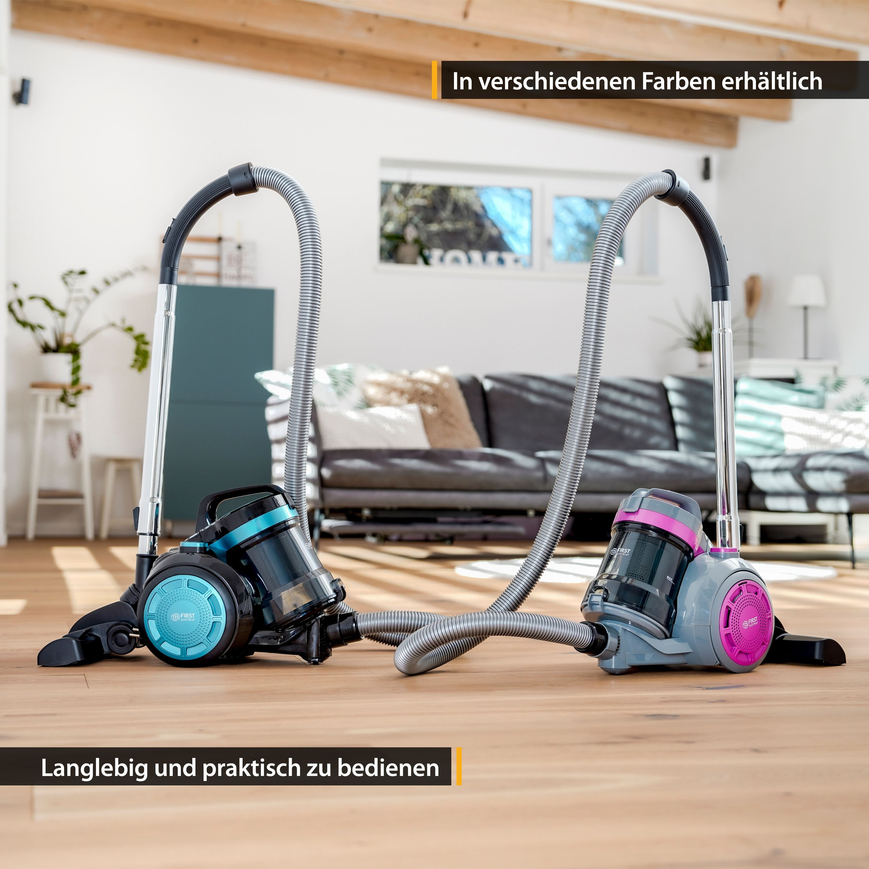 TZS FIRST AUSTRIA Bodenstaubsauger, 800 W, Beutellos, Sauger für Hart- und Teppichböden, 4,8m Kabellänge