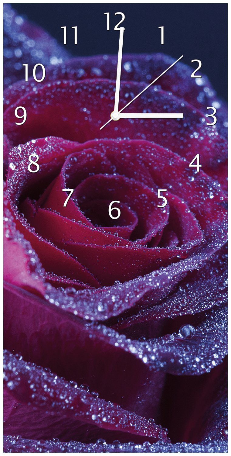Wallario Wanduhr Rote Rosenblüte im Regen (Uhr aus Acryl)