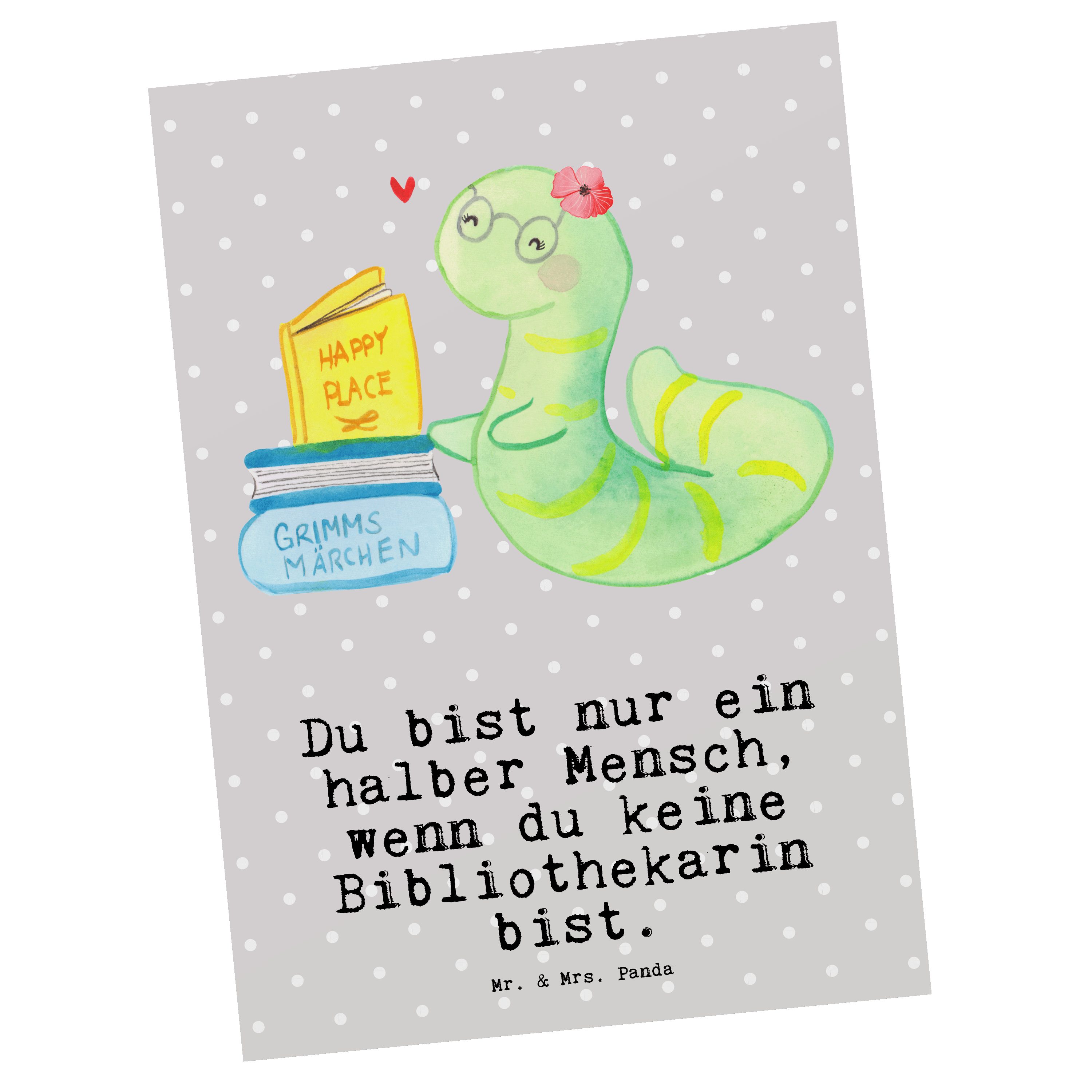 Mr. & Mrs. Panda Postkarte Bibliothekarin mit Herz - Grau Pastell - Geschenk, Einladung, Karte