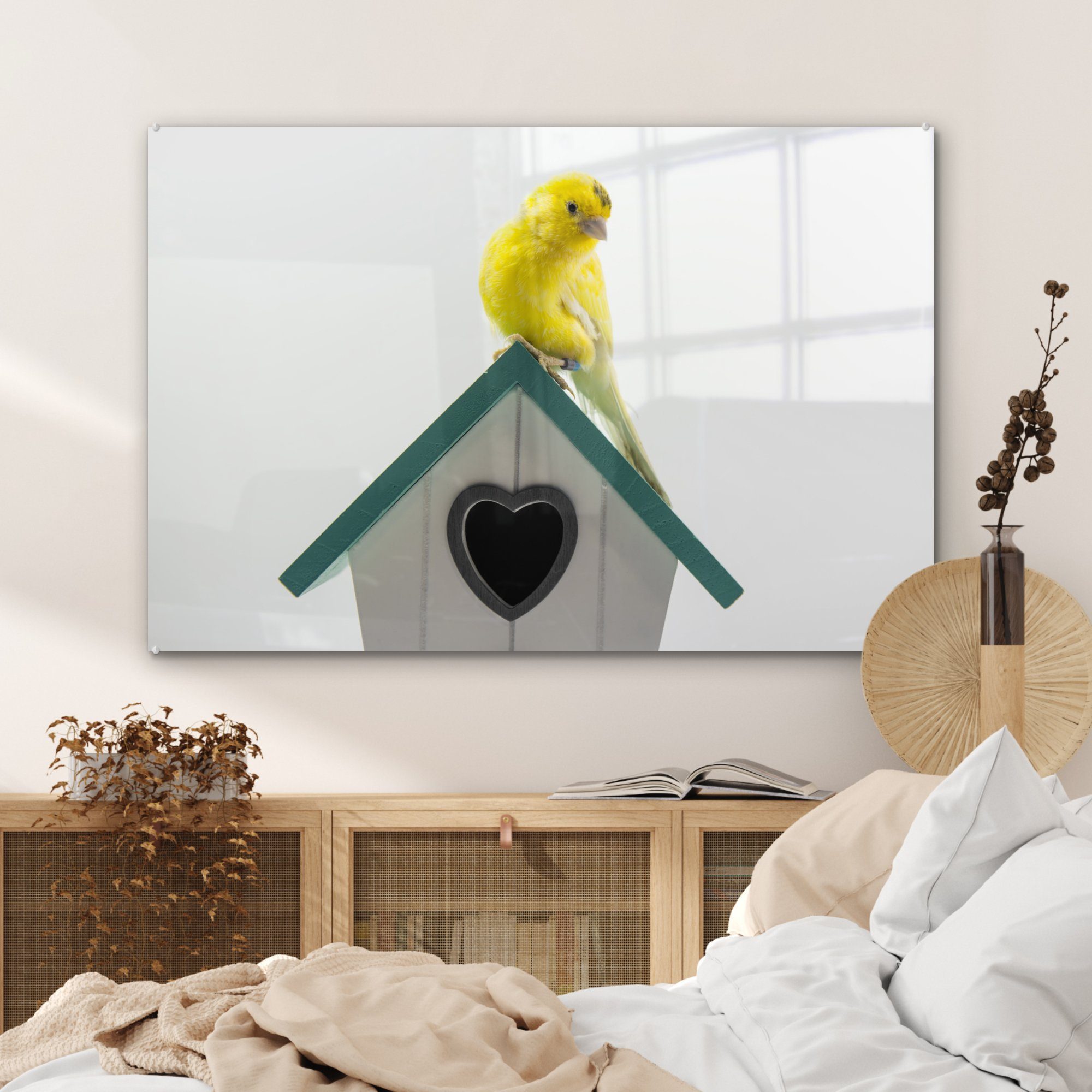 MuchoWow Acrylglasbild Vogelhäuschen, Wohnzimmer auf Schlafzimmer gelber & Kanarienvogel St), einem (1 Ein Acrylglasbilder