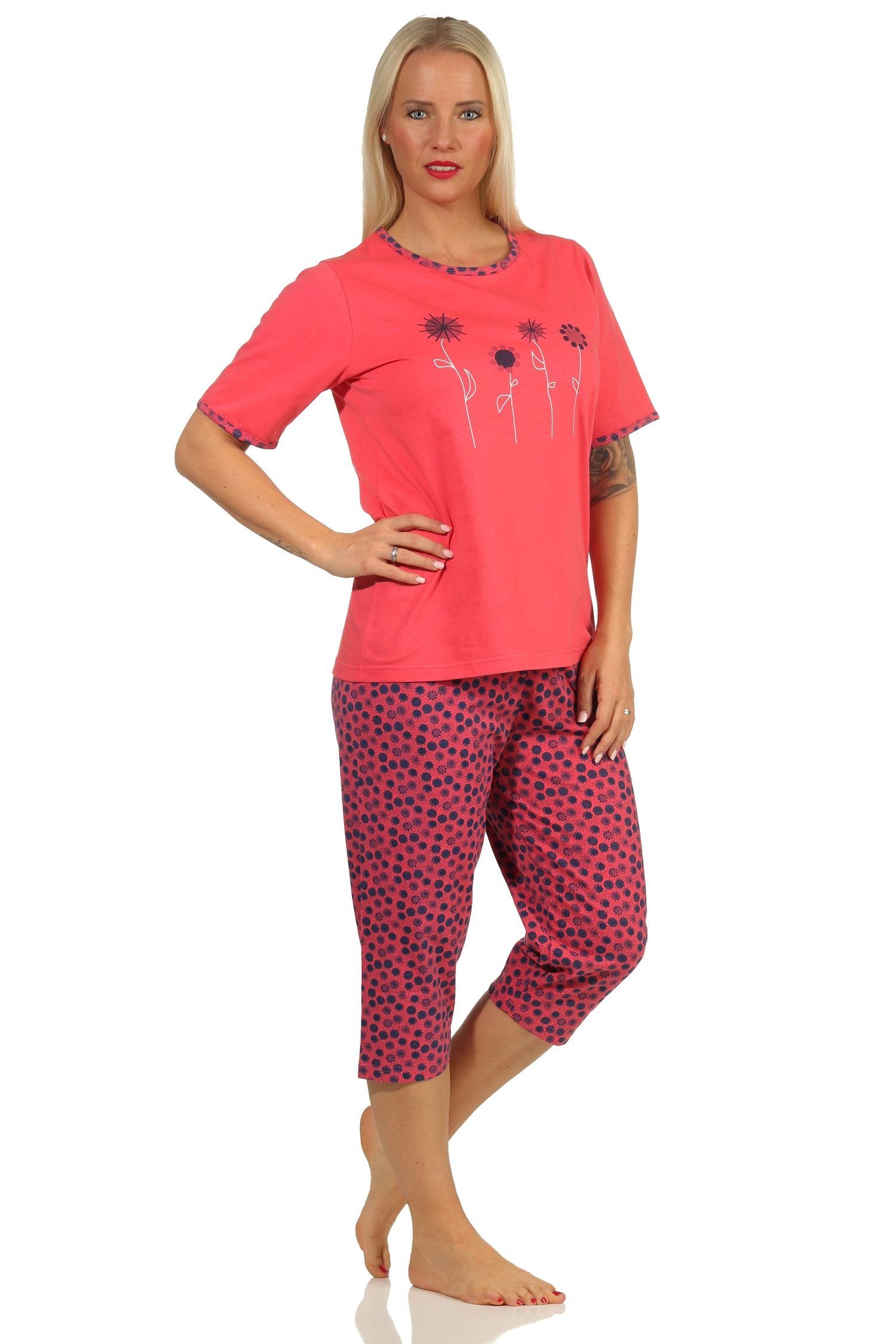 by Schlafanzug Pyjama kurzarm und Normann Damen Capri Capri RELAX pink Optik in floraler Hose