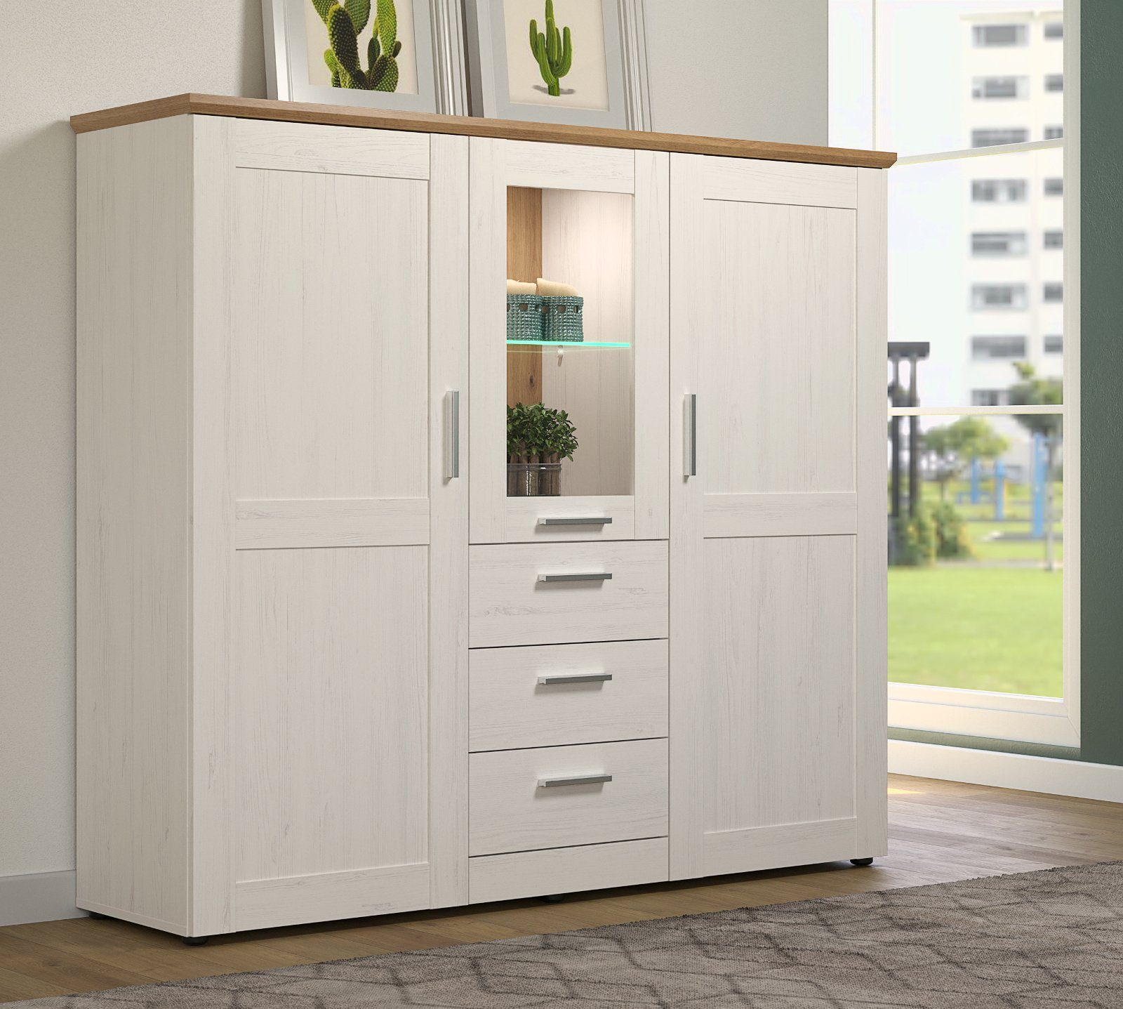 Furn.Design Highboard Cloud (Vitrinenschrank in Pinie weiß Landhaus und Art günstig online kaufen