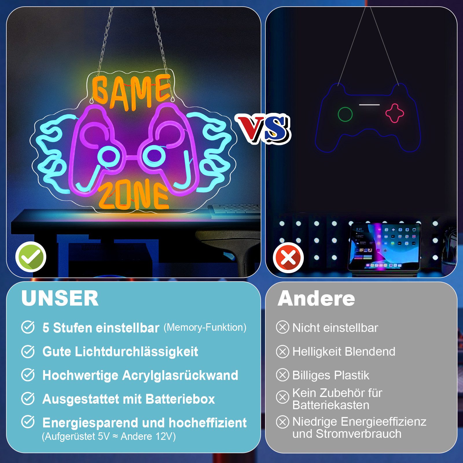 JIBENNEON LED Dekoobjekt GAME Spiel Neon Sign Dimmbar Neonschild Wanddekoration USB, Schalter, Griffform-GAME ZONE, LED fest integriert, Leuchtreklamen LED Nachtlicht Wandleuchten