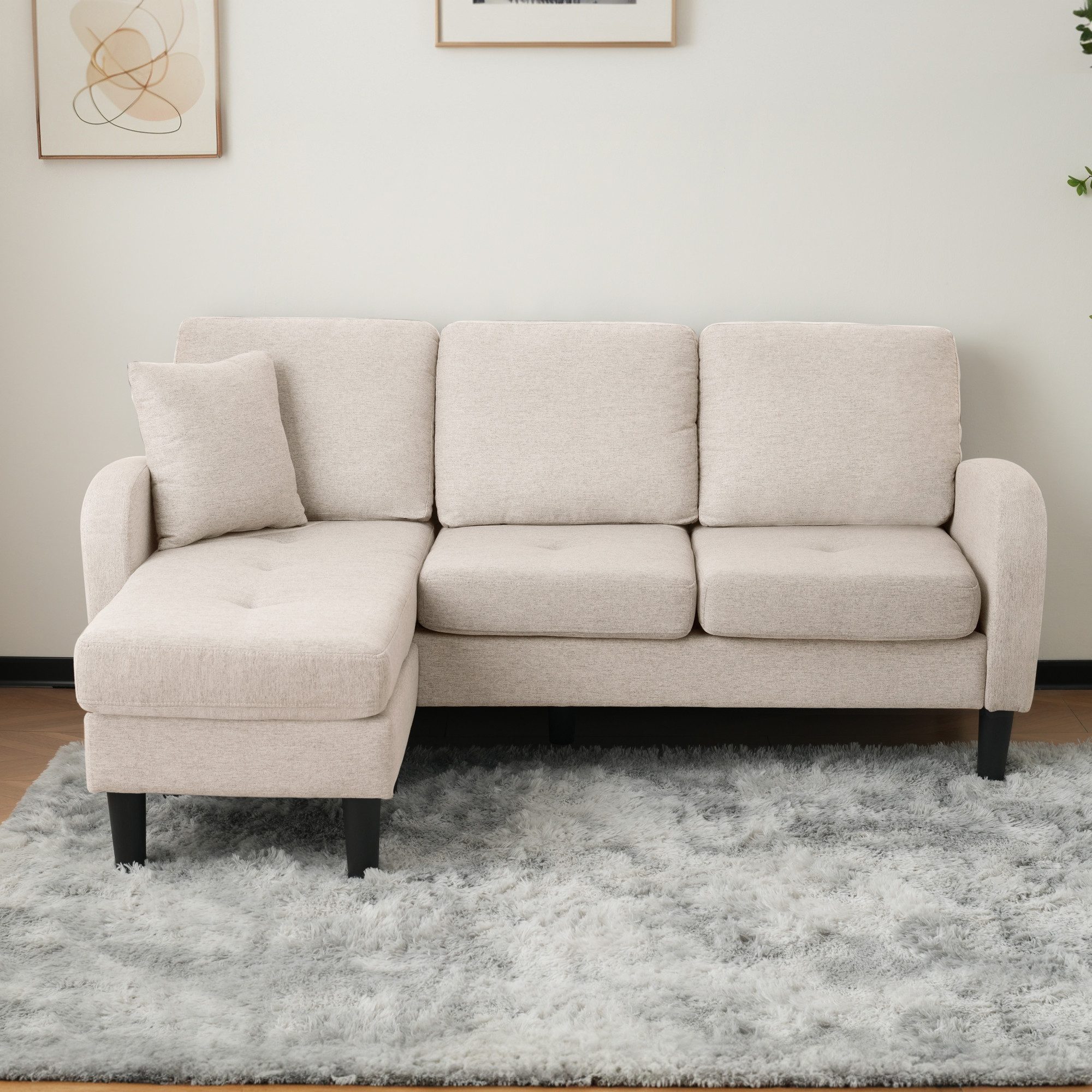 Ecksofa 3-Sitzer Sofa aus Atmungsaktiver Baumwoll-Leinenstoff