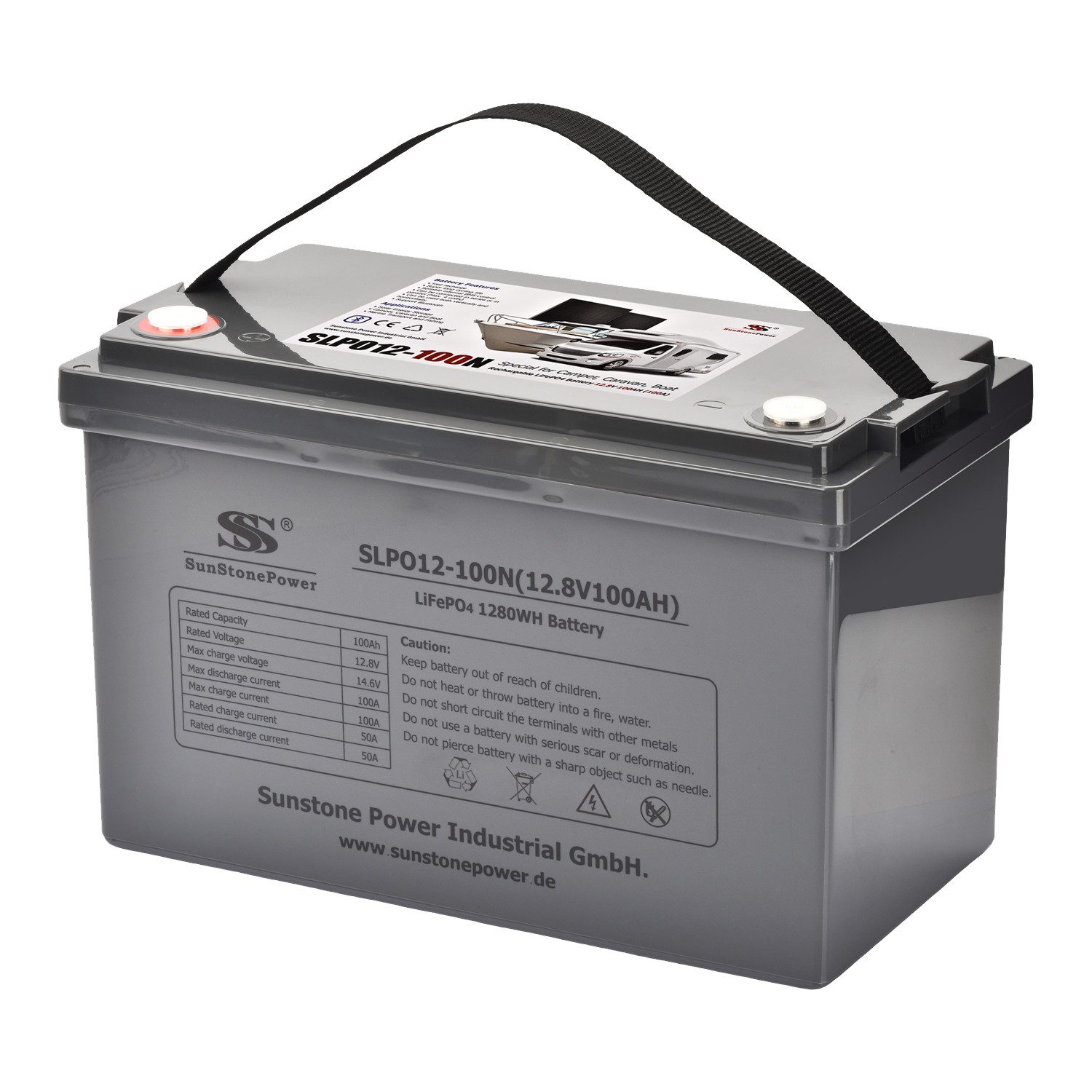 Sunstone Power 12V LiFePO4 Batterie 100AH Lithium Stromspeicher mit Blutooth BMS Solarakkus 100000 mAh (12 V), Wartungsfrei, Extrem zyklenfest