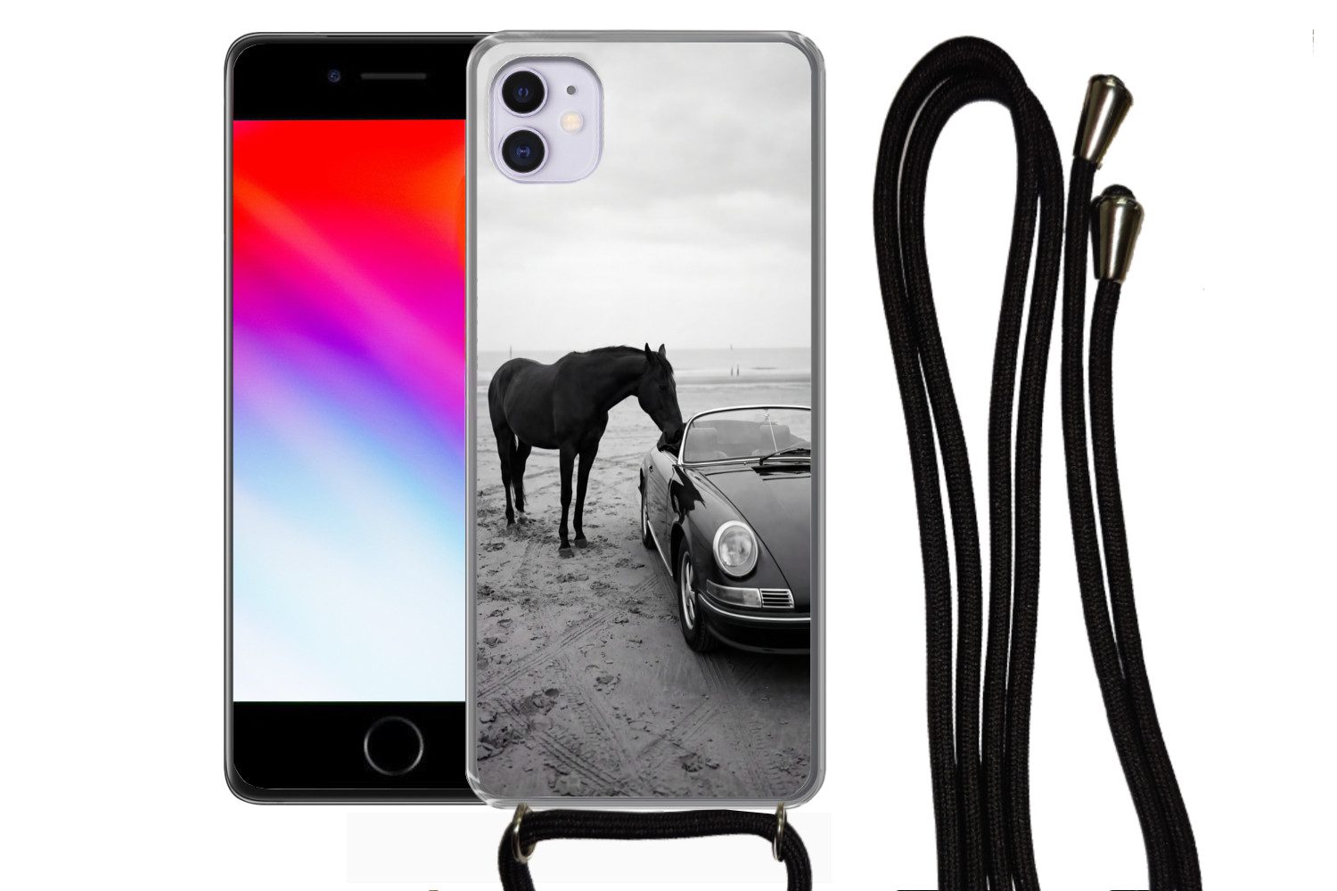 MuchoWow Handyhülle für Apple iPhone 12 Mini Pferd - Auto - Schwarz - Weiß, Tragbare Handyhüllen mit Kette zum umhängen, Handykette Handyband