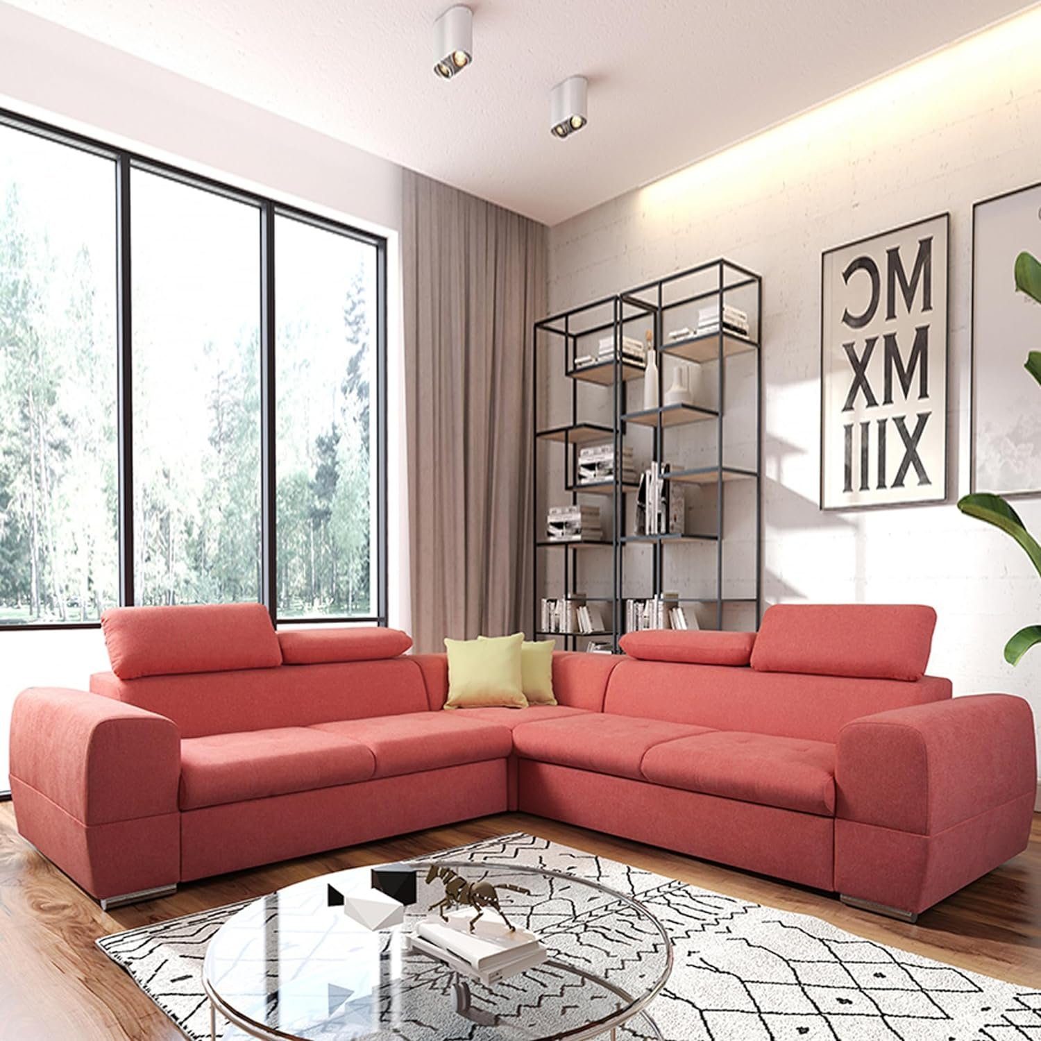 MOEBLO Ecksofa LIZBONA, Eckcouch mit Bettfunktion Couch L-Form Polstergarnitur mit verstellbaren Kopfstützen Wohnlandschaft Polstersofa mit Ottomane Couchgranitur Sofa, mit Schlaffunktion und Bettkasten