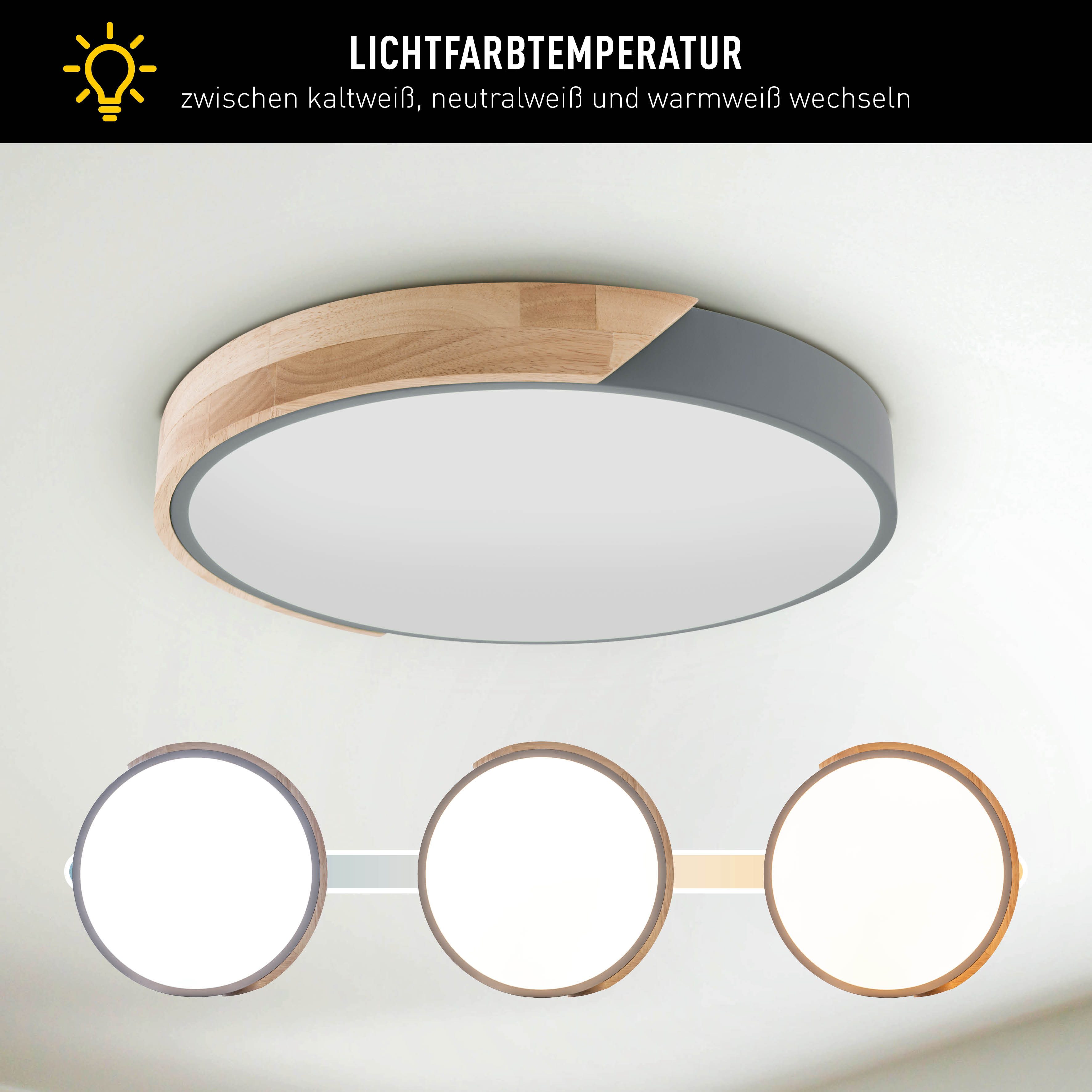 näve LED Deckenleuchte Borneo, CCT - über Fernbedienung, Dimmfunktion, Fernbedienung, Infrarot inkl., Memoryfunktion, Nachtlichtfunktion, Leuchtmittel wechselbar, warmweiß - kaltweiß, Dimmbar per Fernbedienung (inkl), CCT, Memory, Nachtlicht, Holzrand