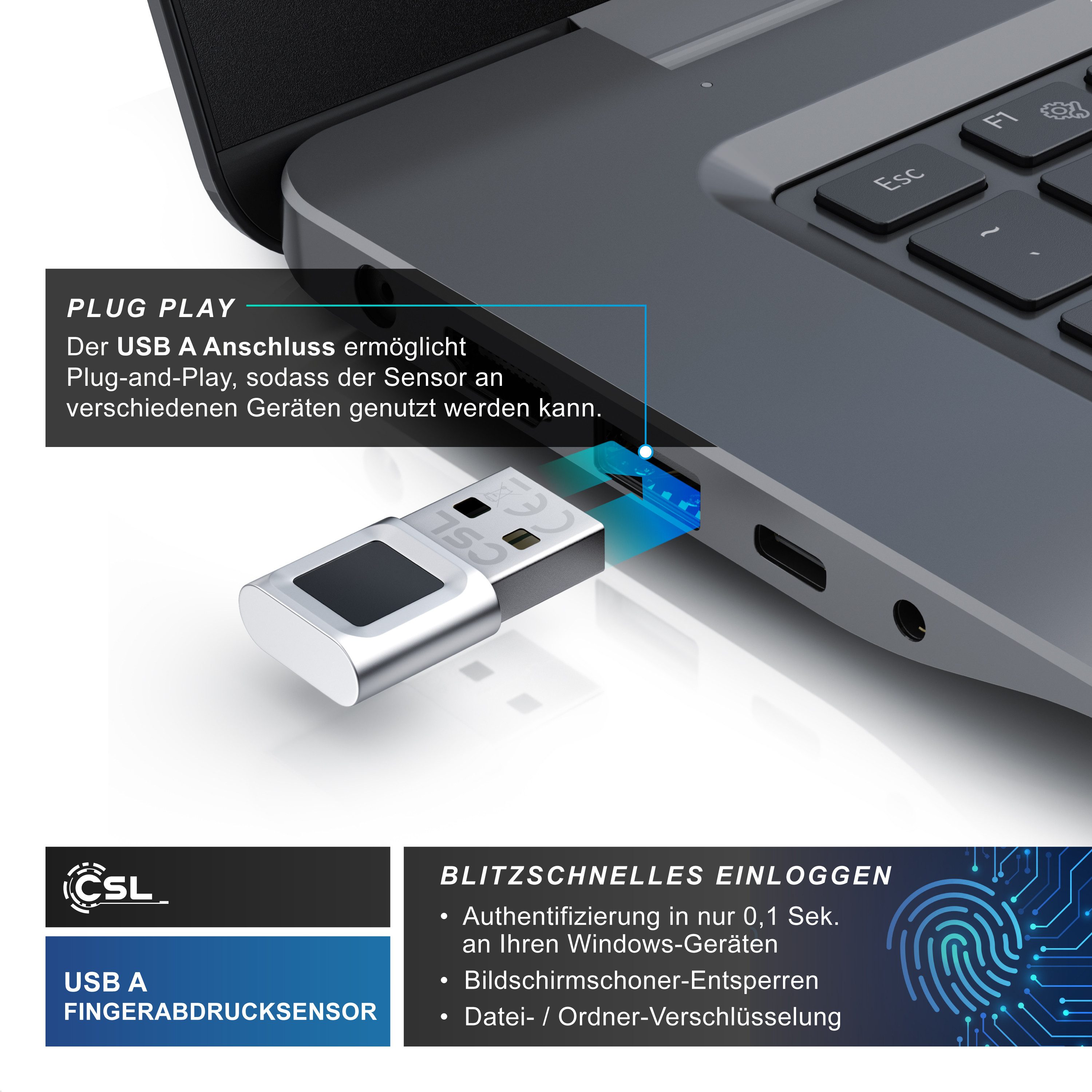 CSL Fingerabdrucksensor Fingerabdruckleser bis zu 10 IDs, biometrische Authentifizierung, (1-St), Windows 11 Hello Anmeldung, Plug & Play, USB-A, 360° Rundumerkennung