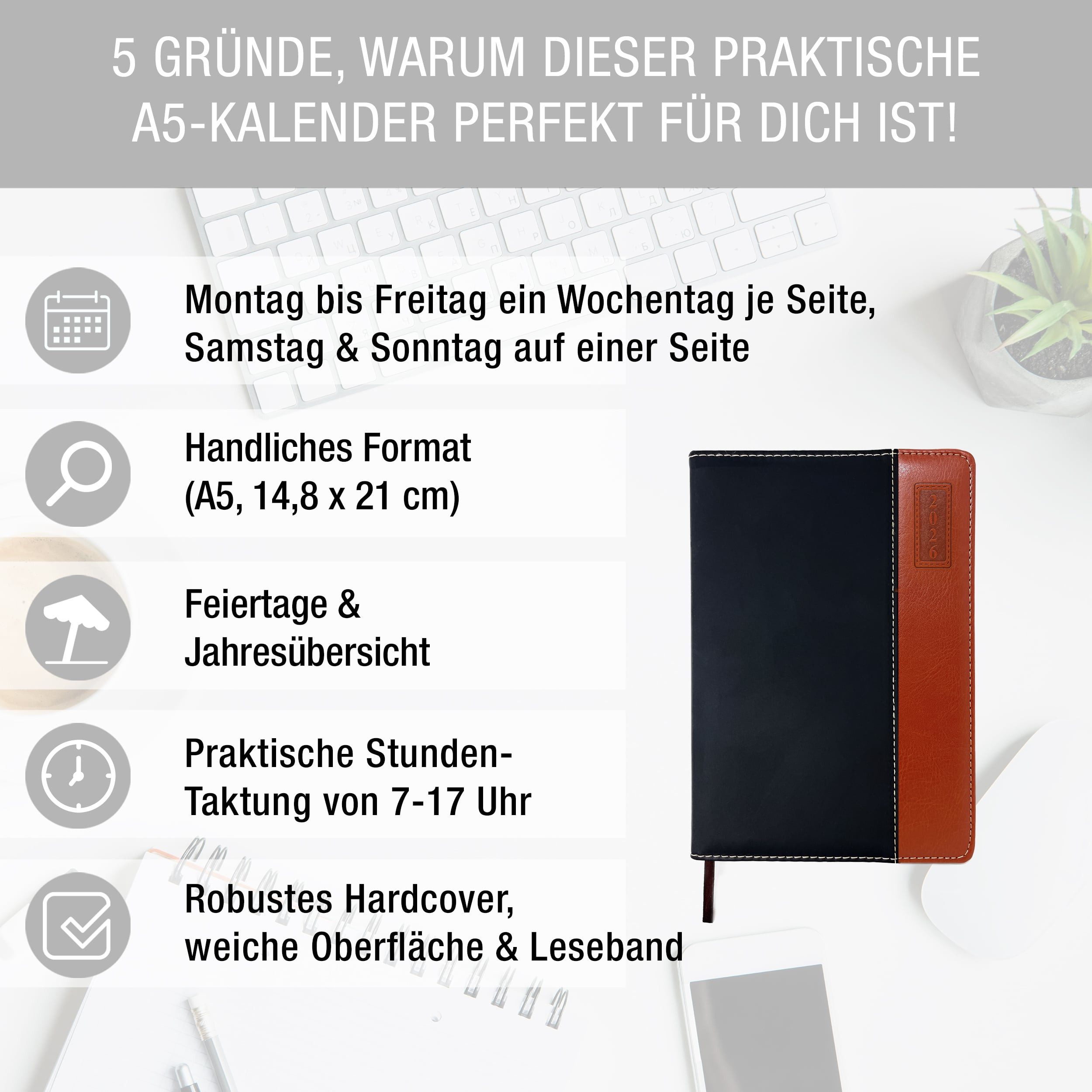 AMLI Buchkalender Buchkalender 2026 A5 1 Tag 1 Seite (Schwarz), Hochwertiger Hardcover, Softtouch Terminplaner, Kalender Buch 2026