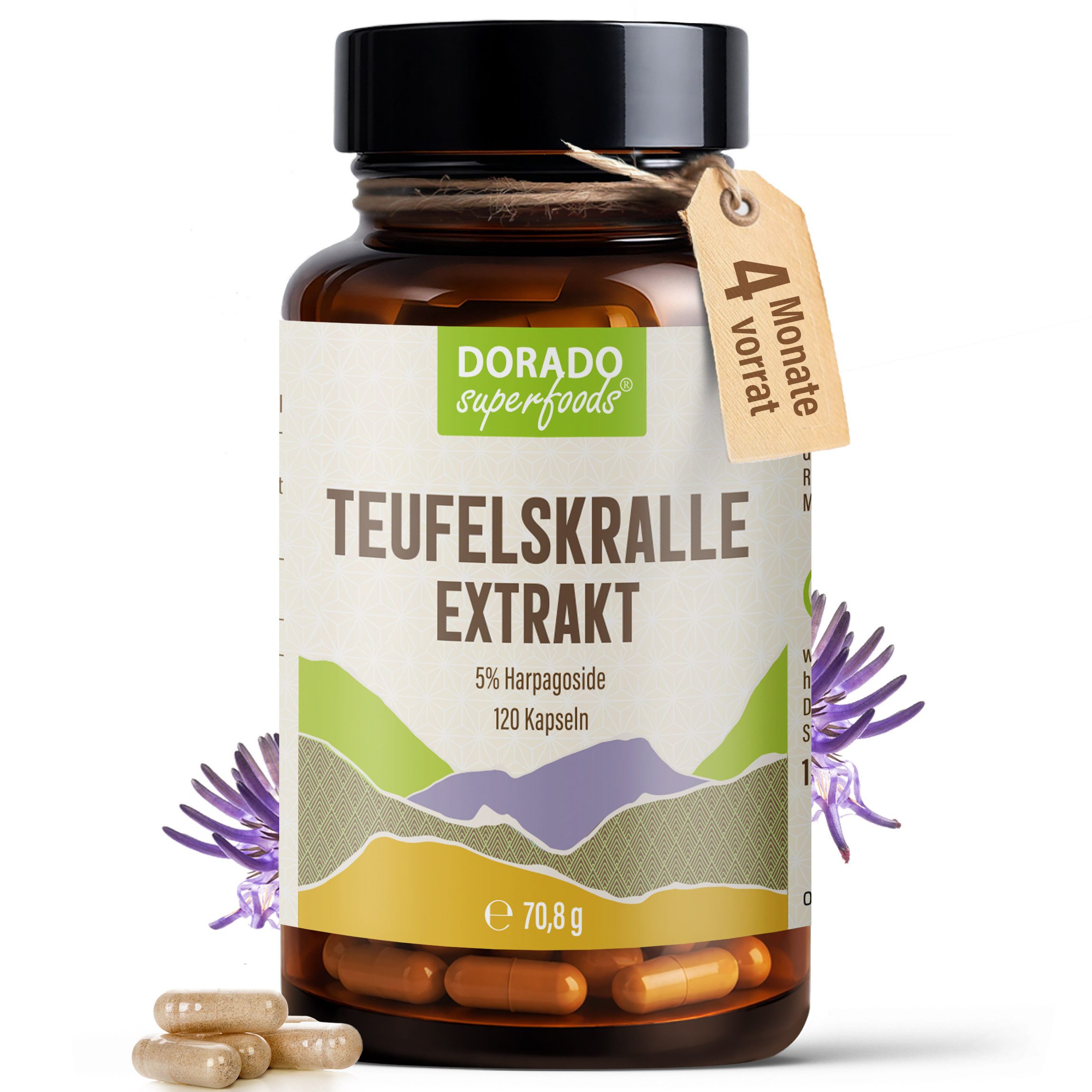 Dorado Superfoods Teufelskralle Extrakt Kapseln, 120 Stück - 5% Harpagoside Kapsel, 70.8 g