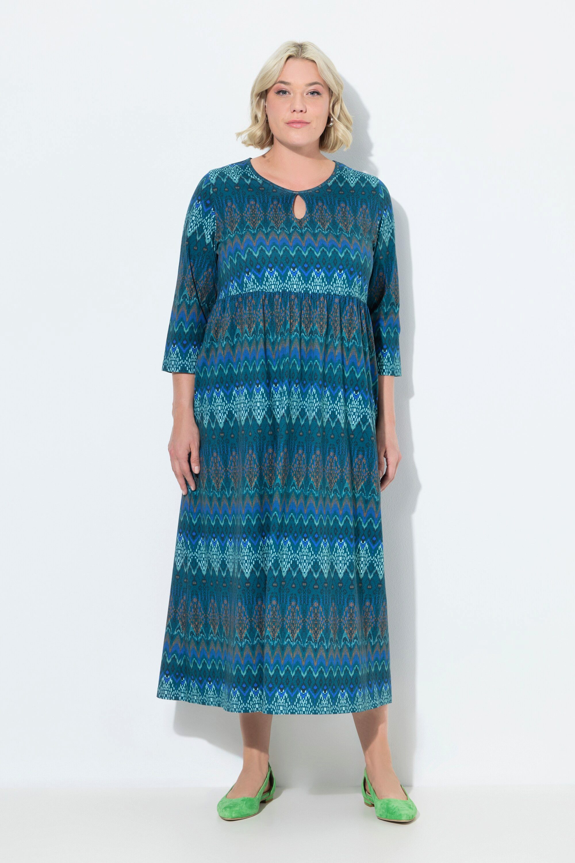 Ulla Popken Maxikleid Jerseykleid A-Linie Tropfen-Ausschnitt 3/4-Arm günstig online kaufen